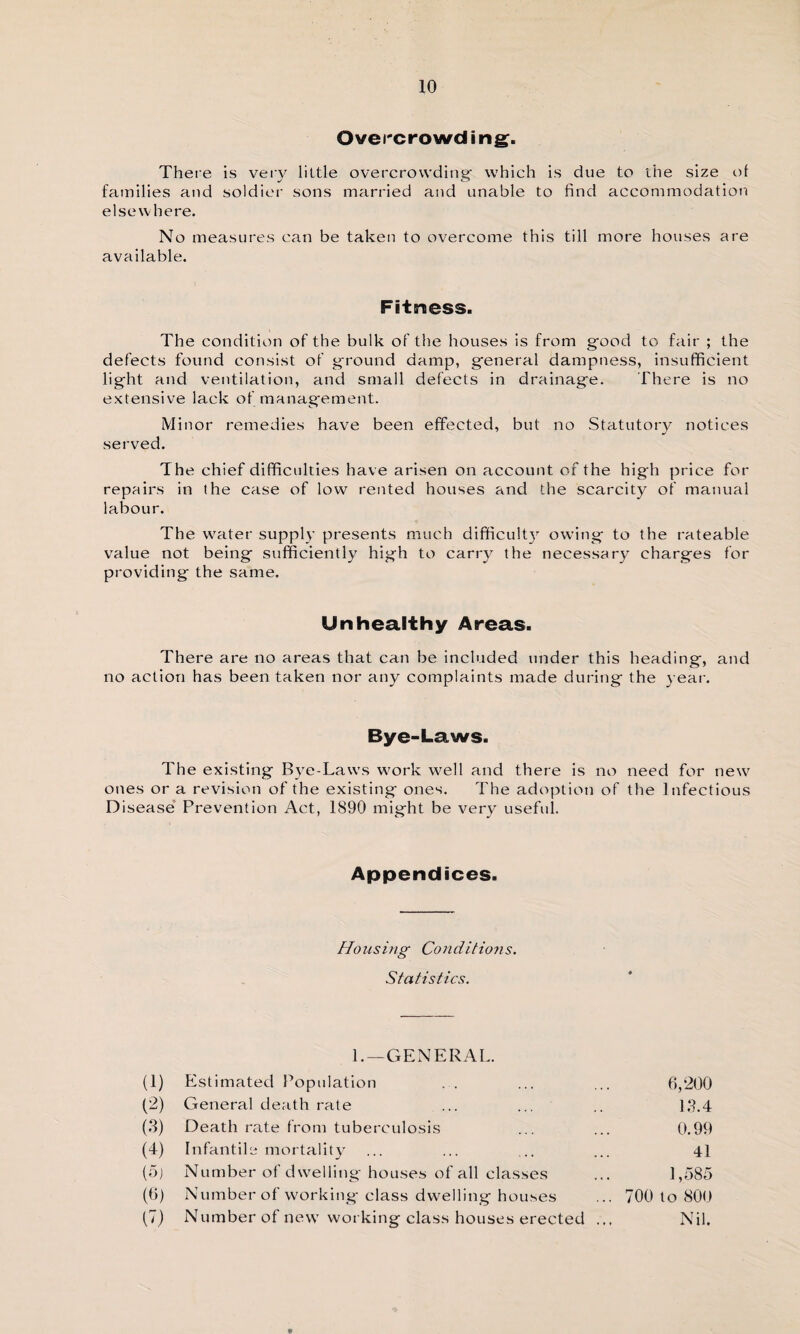 Overcrowd ing. There is very little overcrowding- which is due to the size of families and soldier sons married and unable to find accommodation elsewhere. No measures can be taken to overcome this till more houses are available. Fitness. The condition of the bulk of the houses is from good to fair ; the defects found consist of ground damp, general dampness, insufficient light and ventilation, and small defects in drainage. There is no extensive lack of management. Minor remedies have been effected, but no Statutory notices served. The chief difficulties have arisen on account of the high price for repairs in the case of low rented houses and the scarcity of manual labour. The water supply presents much difficulty owing to the rateable value not being sufficiently high to carry the necessary charges for providing the same. Unhealthy Areas. There are no areas that can be included under this heading, and no action has been taken nor any complaints made during the year. Bye-Laws. The existing Bye-Laws work well and there is no need for new ones or a revision of the existing ones. The adoption of the Infectious Disease Prevention Act, 1890 might be very useful. Appendices. Housing Conditions. Statistics. 1.—GENERAL. (1) Estimated Population ... ... ... 6,200 (2) General death rate ... ... .. 13.4 (3) Death rate from tuberculosis ... ... 0.99 (4) Infantile mortality ... ... ... ... 41 (5) Number of dwelling houses of all classes ... 1,585 (6) Number of working class dwelling houses ... 700 to 800 (7) Number of new working class houses erected ... Nil.