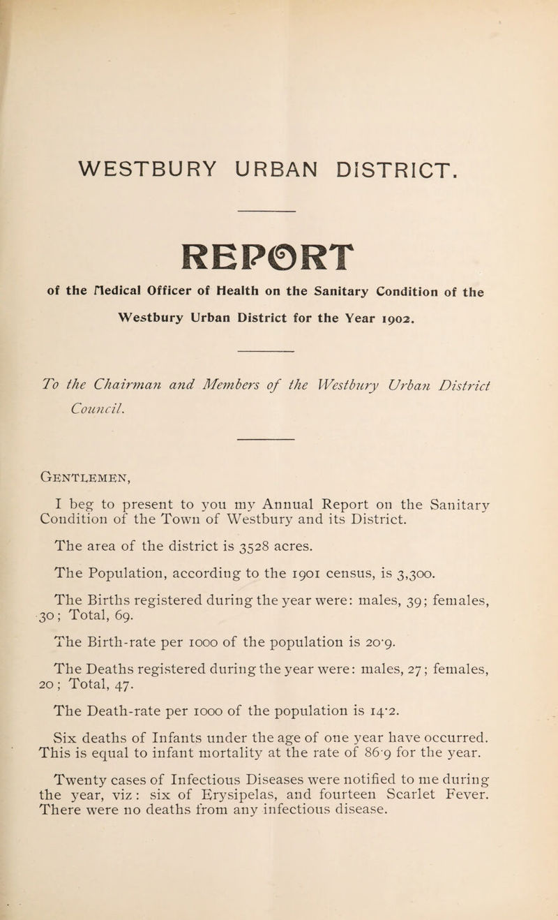 WESTBURY URBAN DISTRICT. REPORT of the riedical Officer of Health on the Sanitary Condition of the Westbury Urban District for the Year 1902. To the Chairman and Members of the Westbury Lh'ban District Coimcil. Gentlemen, I beg to present to you my Annual Report on the Sanitary Condition of the Town of Westbury and its District. The area of the district is 3528 acres. The Population, according to the 1901 census, is 3,300. The Births registered during the year were: males, 39; females, 30; Total, 69. The Birth-rate per 1000 of the population is 20’9. The Deaths registered during the year were: males, 27; females, 20; Total, 47. The Death-rate per 1000 of the population is 14*2. Six deaths of Infants under the age of one year have occurred. This is equal to infant mortality at the rate of 86 9 for the year. Twenty cases of Infectious Diseases were notified to me during the year, viz : six of Erysipelas, and fourteen Scarlet Fever. There were no deaths from any infectious disease.