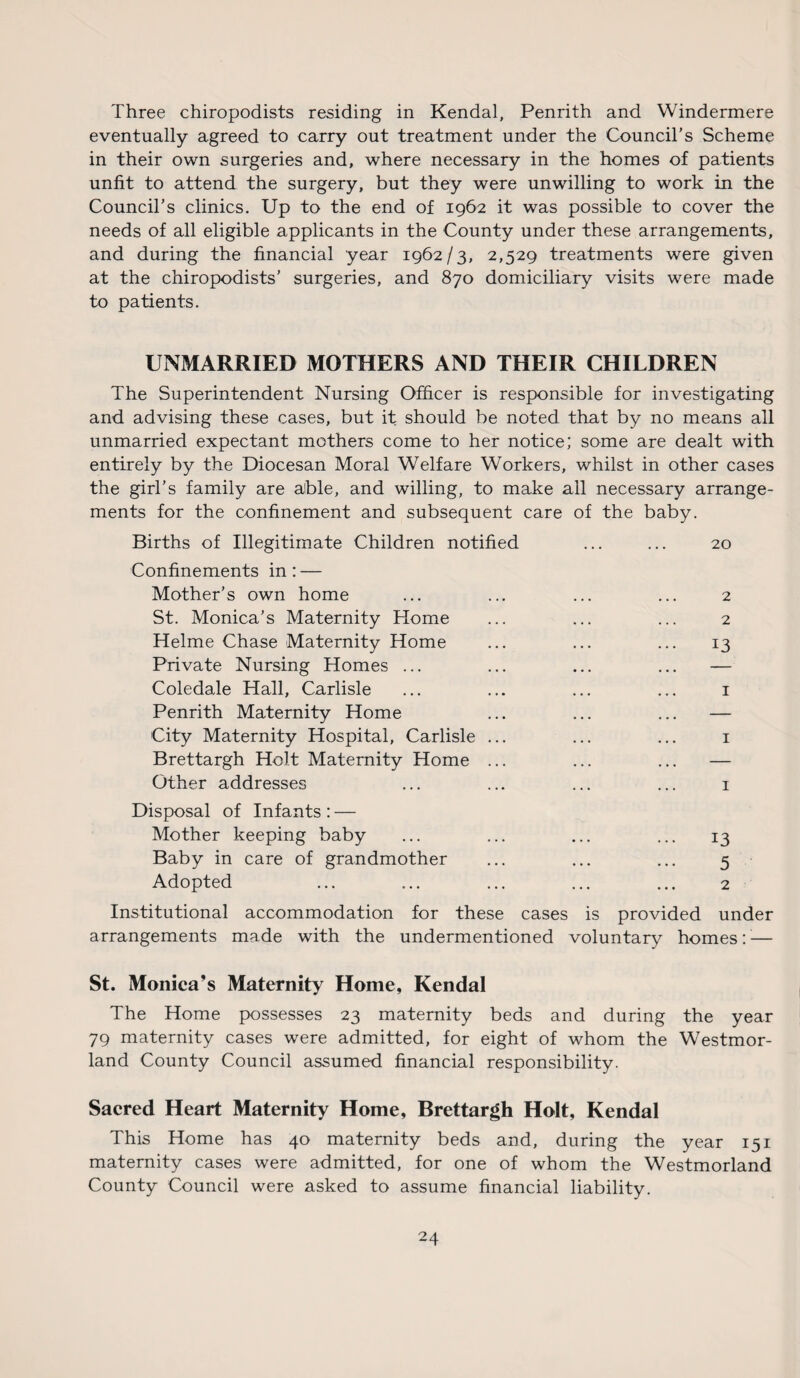 Three chiropodists residing in Kendal, Penrith and Windermere eventually agreed to carry out treatment under the Council’s Scheme in their own surgeries and, where necessary in the homes of patients unfit to attend the surgery, but they were unwilling to work in the Council’s clinics. Up to the end of 1962 it was possible to cover the needs of all eligible applicants in the County under these arrangements, and during the financial year 1962/3, 2,529 treatments were given at the chiropodists' surgeries, and 870 domiciliary visits were made to patients. UNMARRIED MOTHERS AND THEIR CHILDREN The Superintendent Nursing Officer is responsible for investigating and advising these cases, but it should be noted that by no means all unmarried expectant mothers come to her notice; some are dealt with entirely by the Diocesan Moral Welfare Workers, whilst in other cases the girl’s family are able, and willing, to make all necessary arrange¬ ments for the confinement and subsequent care of the baby. Births of Illegitimate Children notified ... ... 20 Confinements in: — Mother’s own home ... ... ... ... 2 St. Monica’s Maternity Home ... ... ... 2 Helme Chase Maternity Home ... ... ... 13 Private Nursing Homes ... ... ... ... — Coledale Hall, Carlisle ... ... ... ... 1 Penrith Maternity Home ... ... ... — City Maternity Hospital, Carlisle ... ... ... 1 Brettargh Holt Maternity Home ... ... ... — Other addresses ... ... ... ... 1 Disposal of Infants : — Mother keeping baby ... ... ... ... 13 Baby in care of grandmother ... ... ... 5 Adopted ... ... ... ... ... 2 Institutional accommodation for these cases is provided under arrangements made with the undermentioned voluntary homes: — St. Monica's Maternity Home, Kendal The Home possesses 23 maternity beds and during the year 79 maternity cases were admitted, for eight of whom the Westmor¬ land County Council assumed financial responsibility. Sacred Heart Maternity Home, Brettargh Holt, Kendal This Home has 40 maternity beds and, during the year 151 maternity cases were admitted, for one of whom the Westmorland County Council were asked to assume financial liability.