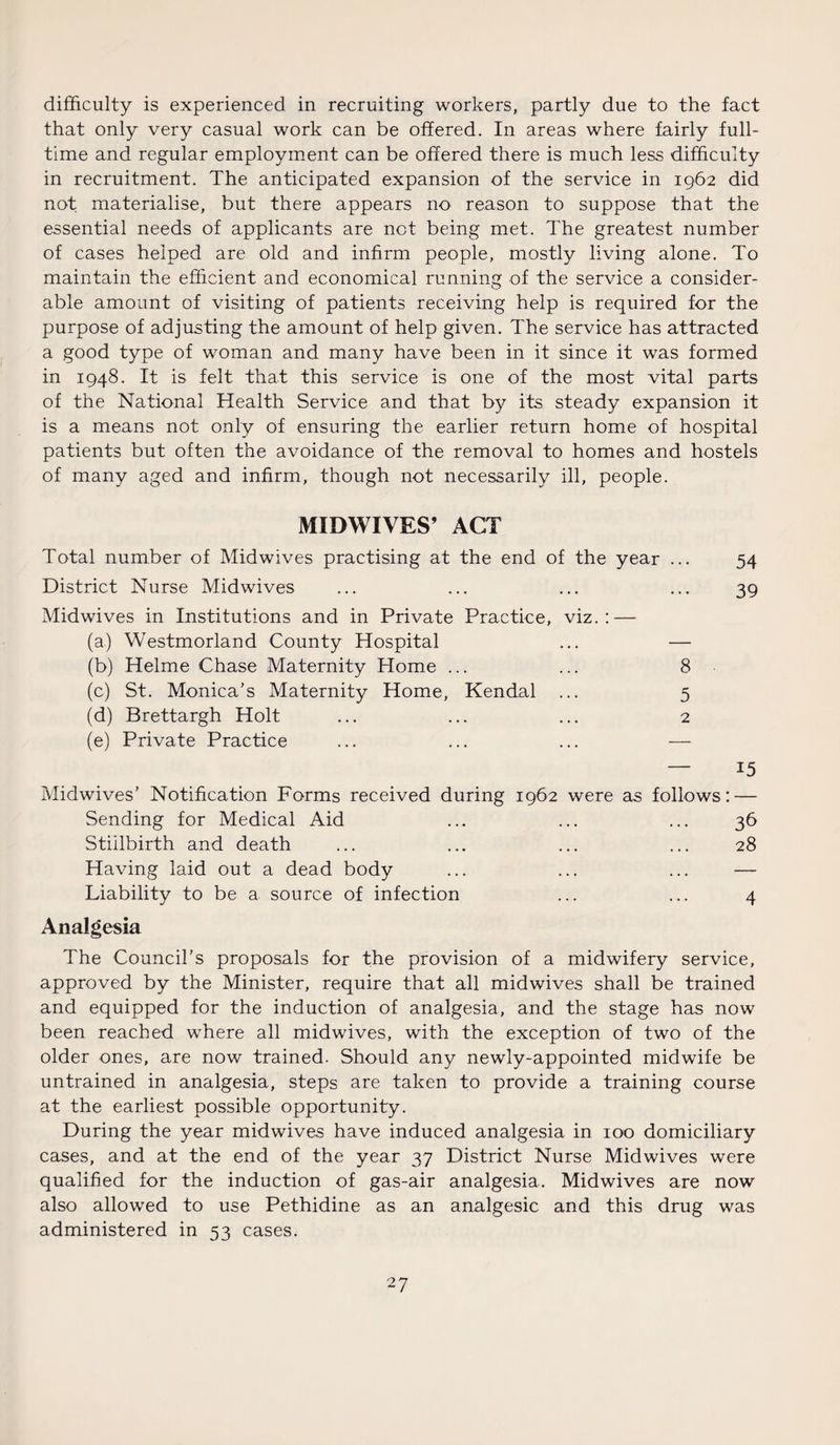 difficulty is experienced in recruiting workers, partly due to the fact that only very casual work can be offered. In areas where fairly full¬ time and regular employment can be offered there is much less difficulty in recruitment. The anticipated expansion of the service in 1962 did not materialise, but there appears no reason to suppose that the essential needs of applicants are net being met. The greatest number of cases helped are old and infirm people, mostly living alone. To maintain the efficient and economical running of the service a consider¬ able amount of visiting of patients receiving help is required for the purpose of adjusting the amount of help given. The service has attracted a good type of woman and many have been in it since it was formed in 1948. It is felt that this service is one of the most vital parts of the National Health Service and that by its steady expansion it is a means not only of ensuring the earlier return home of hospital patients but often the avoidance of the removal to homes and hostels of many aged and infirm, though not necessarily ill, people. MIDWIVES’ ACT Total number of Mid wives practising at the end of the year ... 54 District Nurse Midwives ... ... ... ... 39 Midwives in Institutions and in Private Practice, viz.: — (a) Westmorland County Hospital ... — (b) Helme Chase Maternity Home ... ... 8 (c) St. Monica’s Maternity Home, Kendal ... 5 (d) Brettargh Holt ... ... ... 2 (e) Private Practice ... ... ... — — 15 Midwives’ Notification Forms received during 1962 were as follows: — Sending for Medical Aid ... ... ... 36 Stillbirth and death ... ... ... ... 28 Having laid out a dead body ... ... ... — Liability to be a source of infection ... ... 4 Analgesia The Council’s proposals for the provision of a midwifery service, approved by the Minister, require that all midwives shall be trained and equipped for the induction of analgesia, and the stage has now been reached where all midwives, with the exception of two of the older ones, are now trained. Should any newly-appointed midwife be untrained in analgesia, steps are taken to provide a training course at the earliest possible opportunity. During the year midwives have induced analgesia in 100 domiciliary cases, and at the end of the year 37 District Nurse Midwives were qualified for the induction of gas-air analgesia. Midwives are now also allowed to use Pethidine as an analgesic and this drug was administered in 53 cases.