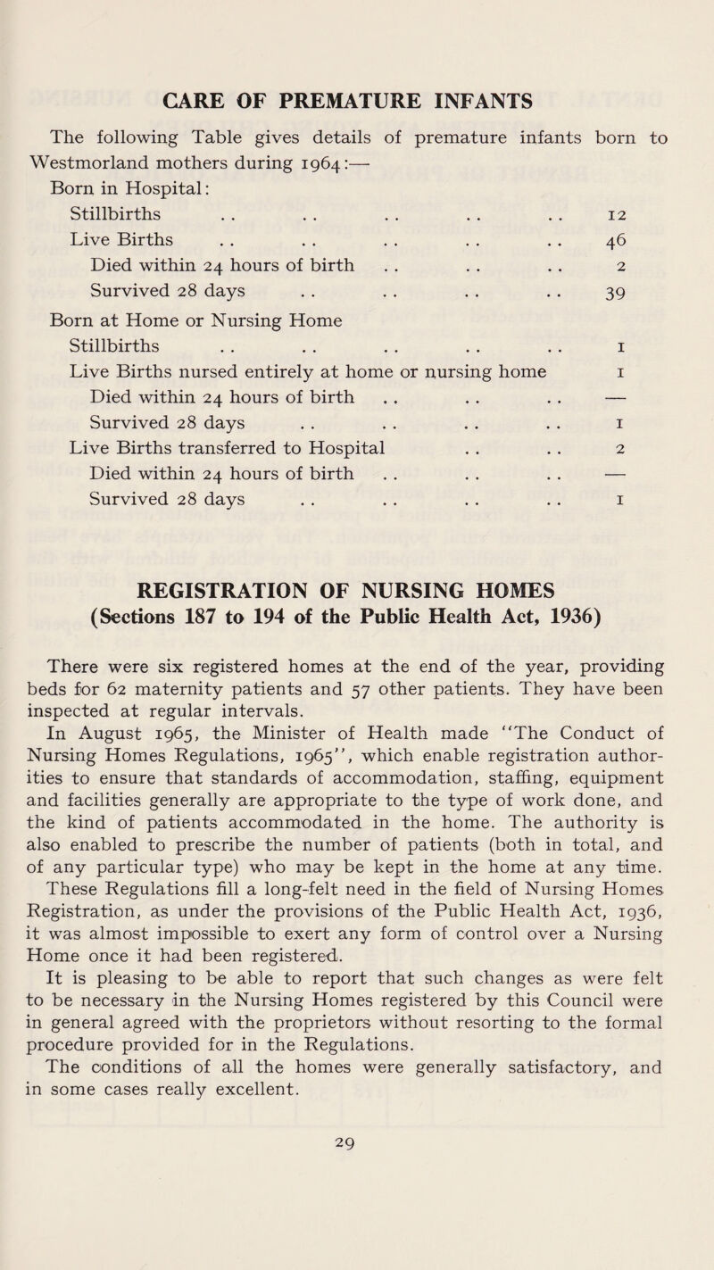 CARE OF PREMATURE INFANTS The following Table gives details of premature infants born to Westmorland mothers during 1964:— Born in Hospital: Stillbirths . . . . . . . . . . 12 Live Births . . . . . . . . . . 46 Died within 24 hours of birth . . . . . . 2 Survived 28 days . . . . . . . . 39 Born at Home or Nursing Home Stillbirths . . . . . . . . . . 1 Live Births nursed entirely at home or nursing home 1 Died within 24 hours of birth . . . . . . — Survived 28 days . . . . . . . . 1 Live Births transferred to Hospital . . . . 2 Died within 24 hours of birth . . . . . . — Survived 28 days . . . . . . . . 1 REGISTRATION OF NURSING HOMES (Sections 187 to 194 of the Public Health Act, 1936) There were six registered homes at the end of the year, providing beds for 62 maternity patients and 57 other patients. They have been inspected at regular intervals. In August 1965, the Minister of Health made The Conduct of Nursing Homes Regulations, 1965, which enable registration author¬ ities to ensure that standards of accommodation, staffing, equipment and facilities generally are appropriate to the type of work done, and the kind of patients accommodated in the home. The authority is also enabled to prescribe the number of patients (both in total, and of any particular type) who may be kept in the home at any time. These Regulations fill a long-felt need in the field of Nursing Homes Registration, as under the provisions of the Public Health Act, 1936, it was almost impossible to exert any form of control over a Nursing Home once it had been registered. It is pleasing to be able to report that such changes as were felt to be necessary in the Nursing Homes registered by this Council were in general agreed with the proprietors without resorting to the formal procedure provided for in the Regulations. The conditions of all the homes were generally satisfactory, and in some cases really excellent.