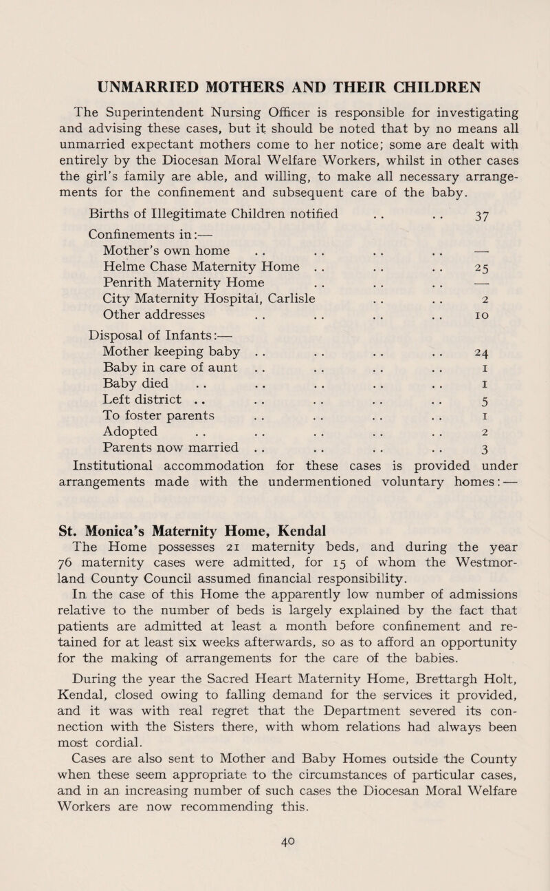 UNMARRIED MOTHERS AND THEIR CHILDREN The Superintendent Nursing Officer is responsible for investigating and advising these cases, but it should be noted that by no means all unmarried expectant mothers come to her notice; some are dealt with entirely by the Diocesan Moral Welfare Workers, whilst in other cases the girl’s family are able, and willing, to make all necessary arrange¬ ments for the confinement and subsequent care of the baby. Births of Illegitimate Children notified .. . . 37 Confinements in:— Mother’s own home Helme Chase Maternity Home . . . . . . 25 Penrith Maternity Home . . . . . . — City Maternity Hospital, Carlisle . . . . 2 Other addresses . . . . . . . . 10 Disposal of Infants:— Mother keeping baby . . . . . . . . 24 Baby in care of aunt . . . . . . . . 1 Baby died . . . . . . . . . . 1 Left district .. . . . . . . . . 5 To foster parents . . . . . . . . 1 Adopted . . . . . . . . . . 2 Parents now married . . . . . . . . 3 Institutional accommodation for these cases is provided under arrangements made with the undermentioned voluntary homes: — St. Monica’s Maternity Home, Kendal The Home possesses 21 maternity beds, and during the year 76 maternity cases were admitted, for 15 of whom the Westmor¬ land County Council assumed financial responsibility. In the case of this Home the apparently low number of admissions relative to the number of beds is largely explained by the fact that patients are admitted at least a month before confinement and re¬ tained for at least six weeks afterwards, so as to afford an opportunity for the making of arrangements for the care of the babies. During the year the Sacred Heart Maternity Home, Brettargh Holt, Kendal, closed owing to falling demand for the services it provided, and it was with real regret that the Department severed its con¬ nection with the Sisters there, with whom relations had always been most cordial. Cases are also sent to Mother and Baby Homes outside the County when these seem appropriate to the circumstances of particular cases, and in an increasing number of such cases the Diocesan Moral Welfare Workers are now recommending this.
