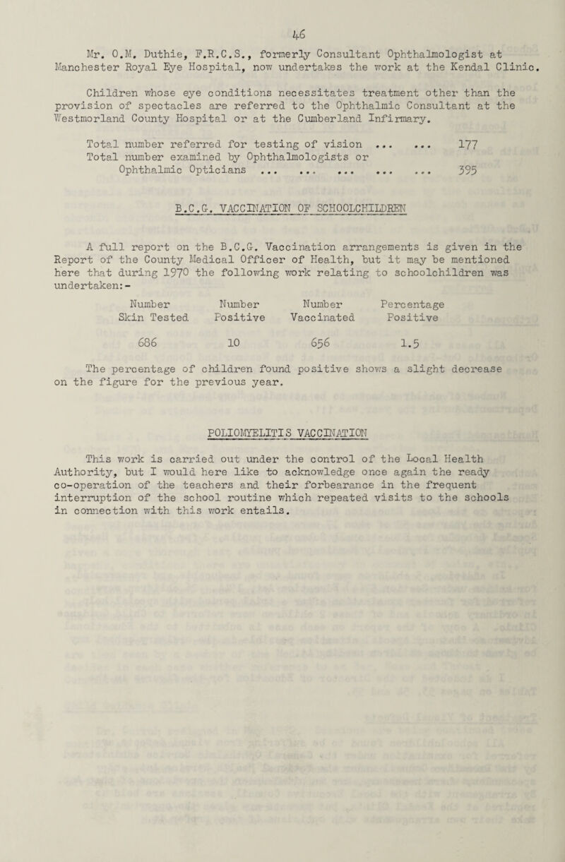 4-6 Mr. O.M, Duthie, F.R.C.S., formerly Consultant Ophthalmologist at Manchester Royal Eye Hospital, now undertakes the work at the Kendal Clinic. Children whose eye conditions necessitates treatment other than the provision of spectacles are referred to the Ophthalmic Consultant at the Westmorland County Hospital or at the Cumberland. Infirmary. Total number referred for testing of vision .. 177 Total number examined by Ophthalmologists or Ophthalmic Opticians . 395 B.C.C-. VACCINATION OF SCHOOLCHILDREN A full report on the B.C.G-. Vaccination arrangements is given in the Report of the County Medical Officer of Health, but it may be mentioned here that during 1970 the following work relating to schoolchildren was undertaken:- Number Skin Tested Number Number Positive Vaccinated Percentage Positive 686 10 656 1.5 The percentage of children found positive shows a slight decrease on the figure for the previous year. POLIOMYELITIS VACCINATION This Y/ork is carried out under the control of the Local Health Authority, but I would here like to acknowledge once again the ready co-operation of the teachers and their forbearance in the frequent interruption of the school routine which repeated visits to the schools in connection with this work entails.