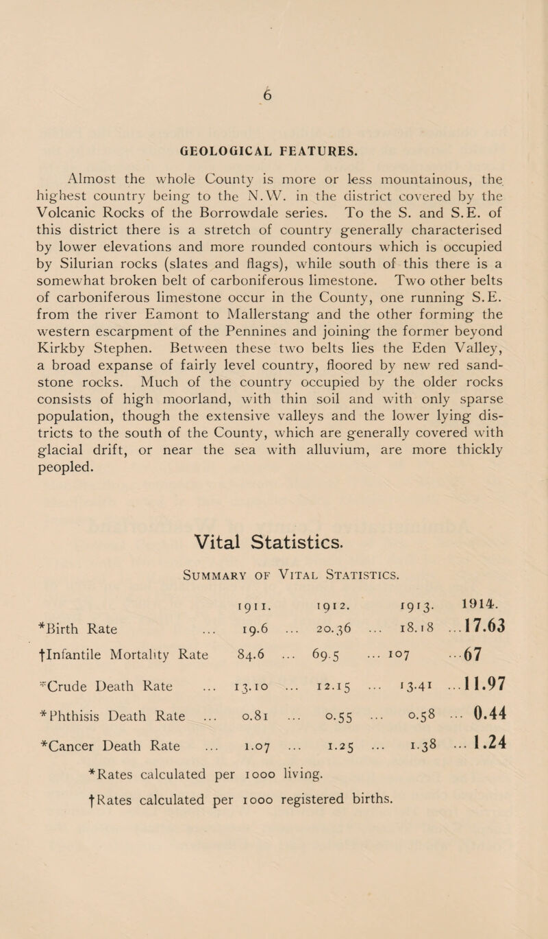 GEOLOGICAL FEATURES. Almost the whole County is more or less mountainous, the highest country being to the N.W. in the district covered by the Volcanic Rocks of the Borrowdale series. To the S. and S.E. of this district there is a stretch of country generally characterised by lower elevations and more rounded contours which is occupied by Silurian rocks (slates and flags), while south of this there is a somewhat broken belt of carboniferous limestone. Two other belts of carboniferous limestone occur in the County, one running S.E. from the river Eamont to Mallerstang and the other forming the western escarpment of the Pennines and joining the former beyond Kirkby Stephen. Between these two belts lies the Eden Valley, a broad expanse of fairly level country, floored by new red sand¬ stone rocks. Much of the country occupied by the older rocks consists of high moorland, with thin soil and with only sparse population, though the extensive valleys and the lower lying dis¬ tricts to the south of the County, which are generally covered with glacial drift, or near the sea with alluvium, are more thickly peopled. Vital Statistics. Summary of Vital Statistics. 1911. *Birth Rate 19.6 flnfantile Mortality Rate 84.6 *Crude Death Rate 13.10 * Phthisis Death Rate 0.81 *Cancer Death Rate 1.07 *Rates calculated per 1000 f Rates calculated per 1000 1912. 19 13. 1914. 20.36 ... 18.18 ...17.63 ... 69.5 ... 107 67 ... 12.15 ... 13.41 11.97 ... 0.55 ... 0.58 ... 0.44 1.25 ... 1.38 ... 1.24 living. registered births.