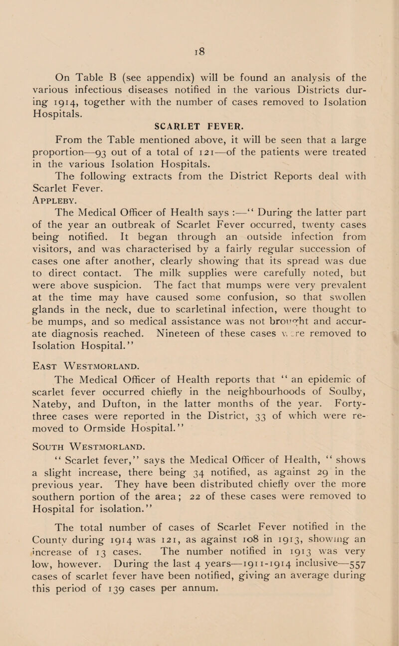 On Table B (see appendix) will be found an analysis of the various infectious diseases notified in the various Districts dur¬ ing- 1914, together with the number of cases removed to Isolation Hospitals. SCARLET FEVER. From the Table mentioned above, it will be seen that a large proportion—93 out of a total of 121—of the patients were treated in the various Isolation Hospitals. The following extracts from the District Reports deal with Scarlet Fever. Appleby. The Medical Officer of Health says “ During the latter part of the year an outbreak of Scarlet Fever occurred, twenty cases being notified. It began through an outside infection from visitors, and was characterised by a fairly regular succession of cases one after another, clearly showing that its spread was due to direct contact. The milk supplies were carefully noted, but were above suspicion. The fact that mumps were very prevalent at the time may have caused some confusion, so that swollen glands in the neck, due to scarletinal infection, were thought to be mumps, and so medical assistance was not brought and accur¬ ate diagnosis reached. Nineteen of these cases v .re removed to Isolation Hospital.” East Westmorland. The Medical Officer of Health reports that “ an epidemic of scarlet fever occurred chiefly in the neighbourhoods of Soulby, Nateby, and Dufton, in the latter months of the year. Forty- three cases were reported in the District, 33 of which were re¬ moved to Ormside Hospital.” South Westmorland. “ Scarlet fever,” says the Medical Officer of Health, “ shows a slight increase, there being 34 notified, as against 29 in the previous year. They have been distributed chiefly over the more southern portion of the area; 22 of these cases were removed to Hospital for isolation.” The total number of cases of Scarlet Fever notified in the County during 1914 was 121, as against 108 in 1913, showing an increase of 13 cases. The number notified in 1913 was very low, however. During the last 4 years—1911-1914 inclusive—557 cases of scarlet fever have been notified, giving an average during this period of 139 cases per annum.