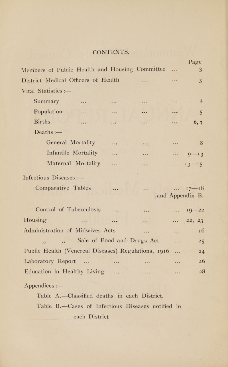 CONTENTS. Page Members of Public Health and Housing Committee ... 3 District Medical Officers of Health ... ... 3 Vital Statistics :— Summary ... ... ... ••• 4 Population ... ... ... ... 5 Births ... ... ... ... 6, 7 Deaths:— General Mortality ... ... ... 8 Infantile Mortality ... ... ... g—13 Maternal Mortality ... ... ... 13—15 Infectious Diseases :— Comparative Tables ... ... ... 17—18 [and Appendix B. Control of Tuberculosis ... ... ... 19—22 Housing- ... ... ... ... 22, 23 Administration of Midwives Acts ... ... 16 ,, ,, Sale of Food and Drug-s Act ... 25 Public Health (Venereal Diseases) Regulations, 1916 ... 24 Laboratory Report ... ... ... ... 26 Education in Healthy Living ... ... ... 28 Appendices:— Table A.—Classified deaths in each District. Table B.—Cases of Infectious Diseases notified in each District