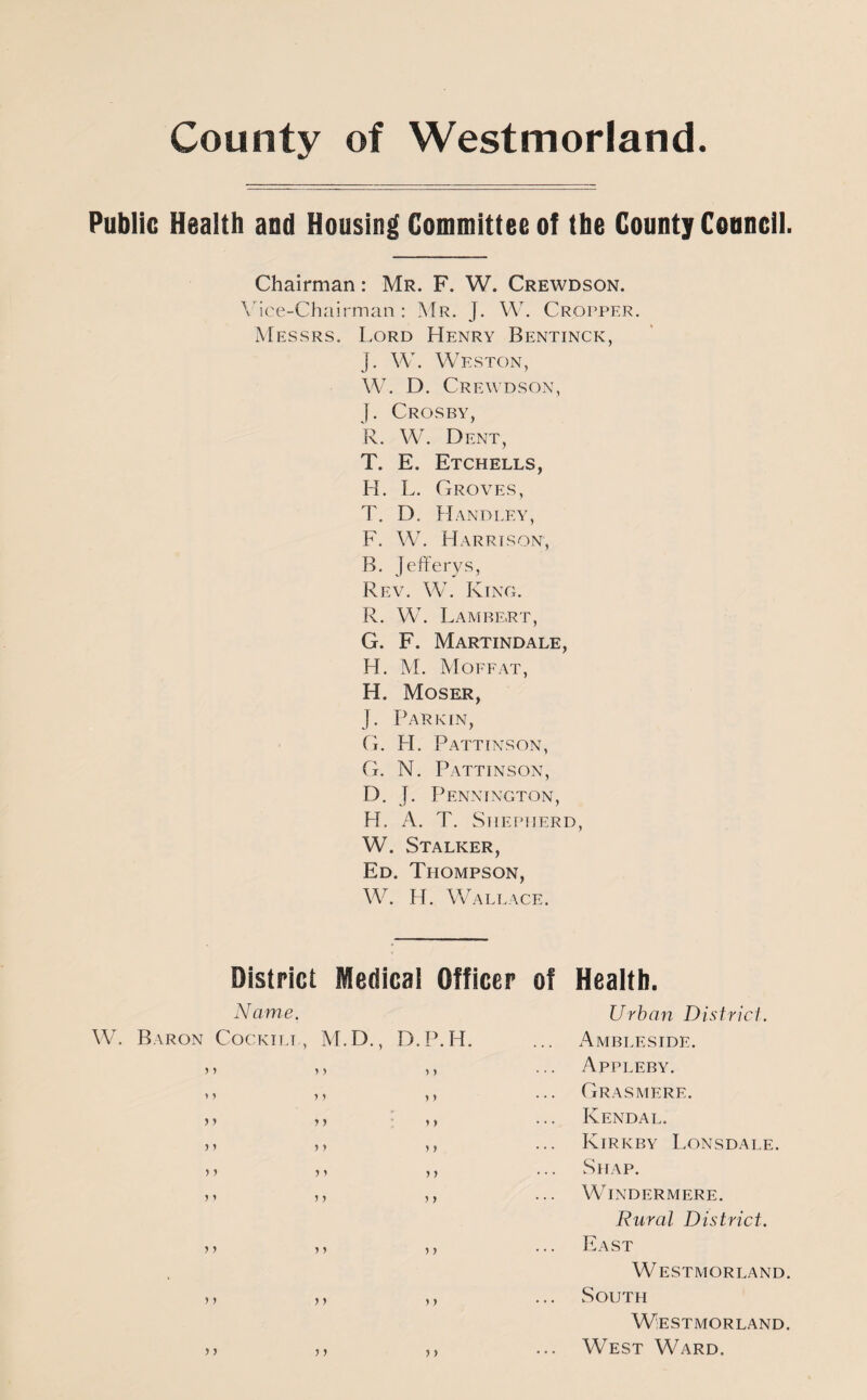 County of Westmorland. Public Health and Housing Committee of the County Council. Chairman: Mr. F. W. Crewdson. Vice-Chairman: Mr. J. W. Cropper. Messrs. Lord Henry Bentinck, J. W. Weston, W. D. Crewdson, J. Crosby, R. W. Dent, T. E. Etchells, H. L. Groves, T. D. Handley, F. W. Harrison, B. Jefferys, Rev. W. King. R. W. Lambert, G. F. Martindale, H. M. Moefat, H. Moser, J. Parkin, G. H. Pattinson, G. N. Pattinson, D. J. Pennington, H. A. T. Shepherd, W. Stalker, Ed. Thompson, W. H. Wallace. District Medical Officer of Name. W. Baron Cockill, M.D., D.P.H. > > i j ) > • • • ' * j j ) > 5 ’ yy i > yy y y y> • • • yy yy yy yy yy yy yy yy yy y y yy yy yy y y y y Health. Urban District. Ambleside. Appleby. Grasmere. Kendal. Kirkby Lonsdale. Shap. Windermere. Rural District. East Westmorland. South Westmorland. West Ward.