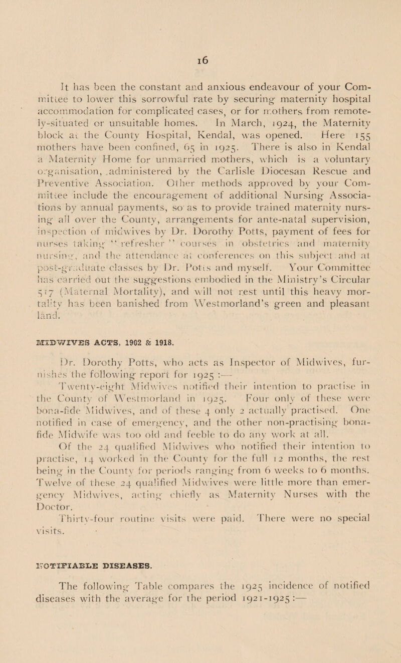 It lias been the constant and anxious endeavour of your Com¬ mittee to lower this sorrowful rate by securing maternity hospital accommodation for complicated cases or for mothers from remote¬ ly-situated or unsuitable homes. In March, 1924, the Maternity block at the County Hospital, Kendal, was opened. Here 155 mothers have been confined, 65 in 1925. There is also in Kendal a Maternity Home for unmarried mothers, which is a voluntary organisation, administered by the Carlisle Diocesan Rescue and Preventive Association. Other methods approved by your Com¬ mittee include the encouragement of additional Nursing Associa¬ tions by annual payments, so' as to- provide trained maternity nurs¬ ing all over the County, arrangements for ante-natal supervision, inspection of midwives by Dr. Dorothy Potts, payment of fees for nurses taking “refresher” courses in obstetrics and maternity nursing, and the attendance at conferences on this subject and at post-graduate classes by Dr. Pot is and myself. Your Committee has carried out the suggestions embodied in the Ministry’s Circular 517 (Maternal Mortality), and will not rest until this heavy mor¬ tality has been banished from Westmorland’s green and pleasant land. BinWIVES ACTS, 1902 & 1918. Dr. Dorothy Potts, who acts as Inspector of Mid wives, fur¬ nishes the following report for 1925 :■—- Twenty-eight Midwives notified their intention to practise in the County of Westmorland in 1925. Four only of these were bona-fide Midwives, and of these 4 only 2 actually practised. One notified in case of emergency, and the other non-practising bona- fide Midwife was too old and feeble to do any work at all. Of the 24 qualified Midwives who notified their intention to practise, 14 worked in the County for the full 12 months, the rest being in the County for periods ranging from 6 weeks to 6 months. Twelve of these 24 qualified Midwives were little more than emer¬ gency Mid wives, acting chiefly as Maternity Nurses with the Doctor. Thirtv-four routine visits were paid. There were no special visits. NOTIFIABLE DISEASES. The following Table compares the 1925 incidence of notified diseases with the average for the period 1921-1925:—
