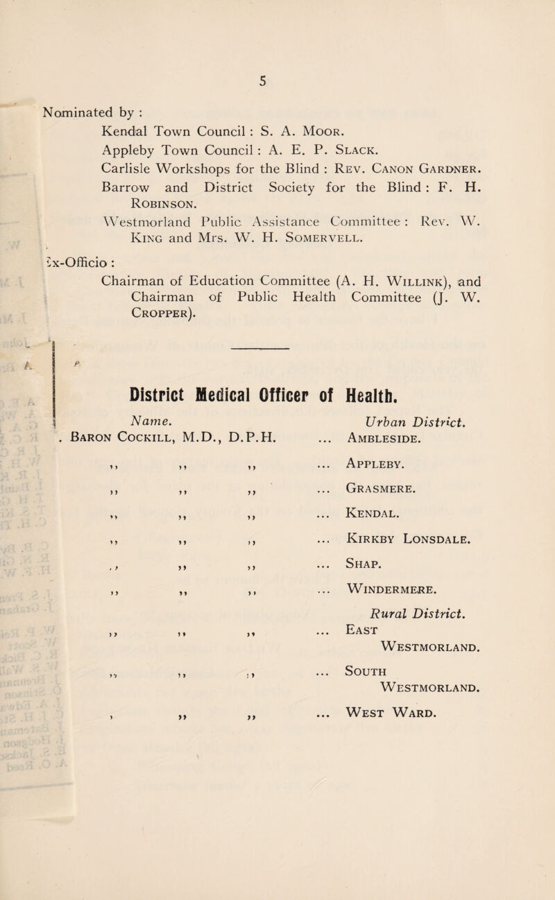 Nominated by : Kendal Town Council : S. A. Moor. Appleby Town Council : A. E. P. Slack. Carlisle Workshops for the Blind : Rev. Canon Gardner. Barrow and District Society for the Blind : F. H. Robinson. Westmorland Public Assistance Committee: Rev. W. King and Mrs. W. H. Somervell. Hx-Officio : Chairman of Education Committee (A. H. Willink), and Chairman of Public Health Committee (J. W. Cropper). p District Medical Officer of Health. Name. . Baron Cockill, M.D., D.P.H. »> > > »> > > > 7 ) } > * > » » > > y y» y» I 7 yy y > y y y y y y y y >» y y 77 Urban District. Ambleside. Appleby. Grasmere. Kendal. Kirkby Lonsdale. Shap. Windermere. Rural District. East Westmorland. South Westmorland. West Ward.