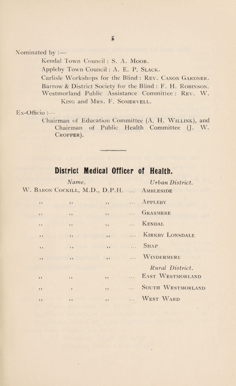 Nominated by :— Kendal Town Council : S. A. Moor. Appleby Town Council : A. E. P. Slack. Carlisle Workshops for the Blind : Rev. Canon Gardner. Barrow & District Society for the Blind : F. H. Robinson. Westmorland Public Assistance Committee : Rev. W. King and Mrs. F. Somervell. Ex-Officio :•— Chairman of Education Committee (A. H. Willink), and Chairman of Public Health Committee (J. W. Cropper). District Medical Officer of Health. Name. Urban District. W. Baron Cockill, M.D., D.P.H. ... Ambleside Appleby Grasmere Kendal Kirkby Lonsdale Seiap Windermere Rural District. East Westmorland South Westmorland West Ward