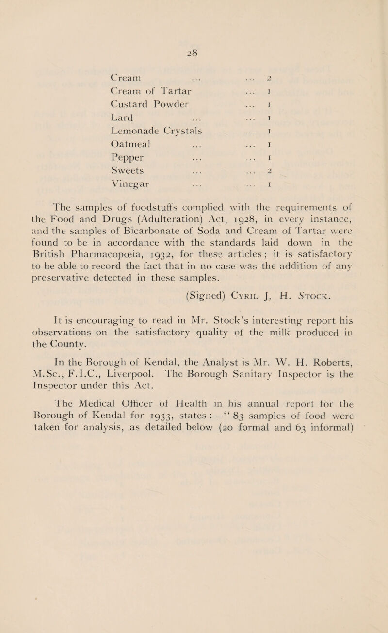 Cream ... ... 2 Cream of Tartar ... 1 Custard Powder ... 1 Lard ... ... 1 Lemonade Crystals ... 1 Oatmeal ... ... 1 Pepper ... ... 1 Sweets ... ... 2 Vinegar ••• ••• 1 The samples of foodstuffs complied with the requirements of the Food and Drugs (Adulteration) Act, 1928, in every instance, and the samples of Bicarbonate of Soda and Cream of Tartar were found to be in accordance with the standards laid down in the British Pharmacopoeia, 1932, for these articles ; it is satisfactory to be able to record the fact that in no case was the addition of any preservative detected in these samples. (Signed) Cyril J. H. Stock. It is encouraging to read in Mr. Stock’s interesting report his observations on the satisfactory quality of the milk produced in the County. In the Borough of Kendal, the Analyst is Air. W. H. Roberts, AI.Sc., F.I.C., Liverpool. The Borough Sanitary Inspector is the Inspector under this Act. The Medical Officer of Flealth in his annual report for the Borough of Kendal for 1933, states:—“83 samples of food were taken for analysis, as detailed below (20 formal and 63 informal)