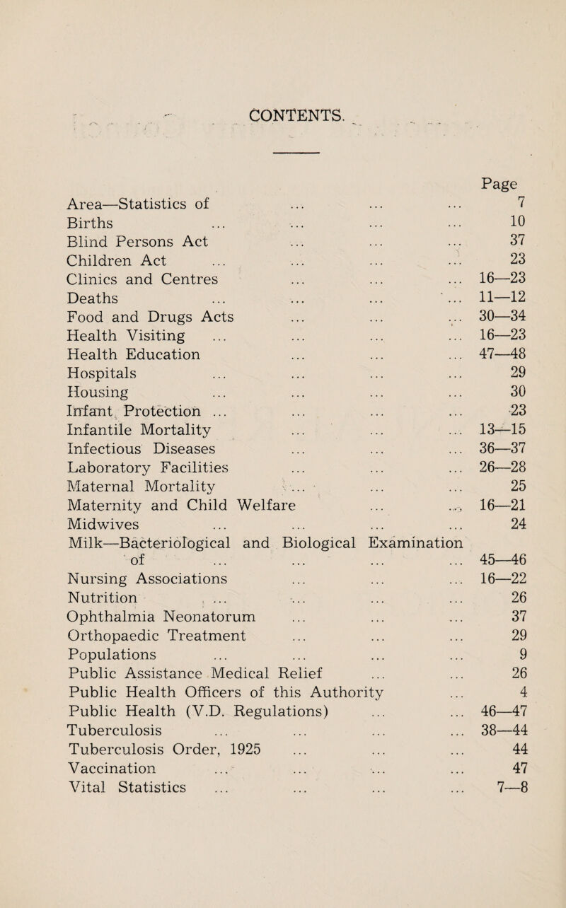 CONTENTS. Page Area—Statistics of ... ... ... 7 Births ... ... ... ••• 10 Blind Persons Act ... ... ... 37 Children Act ... ... ... ... 23 Clinics and Centres ... ... ... 16—23 Deaths ... ... ... ... 11—12 Food and Drugs Acts ... ... ... 30—34 Health Visiting ... ... ... ... 16—23 Health Education ... ... ... 47—48 Hospitals ... ... ... ... 29 Housing ... ... ... ... 30 Infant Protection ... ... ... ... 23 Infantile Mortality ... ... ... 13—15 Infectious Diseases ... ... ... 36—37 Laboratory Facilities ... ... ... 26—28 Maternal Mortality ... ... ... 25 Maternity and Child Welfare ... .0 16—21 Midwives ... ... ... ... 24 Milk—Bacteriological and Biological Examination of ... ... ... ... 45—46 Nursing Associations ... ... ... 16—22 Nutrition ... ... ... ... 26 Ophthalmia Neonatorum ... ... ... 37 Orthopaedic Treatment ... ... ... 29 Populations ... ... ... ... 9 Public Assistance Medical Relief ... ... 26 Public Health Officers of this Authority ... 4 Public Health (V.D. Regulations) ... ... 46—47 Tuberculosis ... ... ... ... 38—44 Tuberculosis Order, 1925 ... ... ... 44 Vaccination ... ... ... ... 47 Vital Statistics ... ... ... ... 7—8