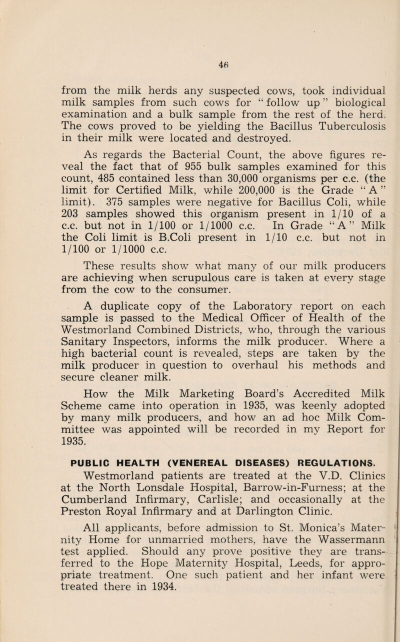 from the milk herds any suspected cows, took individual milk samples from such cows for “ follow up ” biological examination and a bulk sample from the rest of the herd The cows proved to be yielding the Bacillus Tuberculosis in their milk were located and destroyed. As regards the Bacterial Count, the above figures re¬ veal the fact that of 955 bulk samples examined for this count, 485 contained less than 30,000 organisms per c.c. (the limit for Certified Milk, while 200,000 is the Grade “ A ” limit). 375 samples were negative for Bacillus Coli, while 203 samples showed this organism present in 1/10 of a c.c. but not in 1/100 or 1/1000 c.c. In Grade “A” Milk the Coli limit is B.Coli present in 1/10 c.c. but not in 1/100 or 1/1000 c.c. These results show what many of our milk producers are achieving when scrupulous care is taken at every stage from the cow to the consumer. A duplicate copy of the Laboratory report on each sample is passed to the Medical Officer of Health of the Westmorland Combined Districts, who, through the various Sanitary Inspectors, informs the milk producer. Where a high bacterial count is revealed, steps are taken by the milk producer in question to overhaul his methods and secure cleaner milk. How the Milk Marketing Board’s Accredited Milk Scheme came into operation in 1935, was keenly adopted by many milk producers, and how an ad hoc Milk Com¬ mittee was appointed will be recorded in my Report for 1935. PUBLIC HEALTH (VENEREAL DISEASES) REGULATIONS. Westmorland patients are treated at the V.D. Clinics at the North Lonsdale Hospital, Barrow-in-Furness; at the Cumberland Infirmary, Carlisle; and occasionally at the Preston Royal Infirmary and at Darlington Clinic. All applicants, before admission to St. Monica’s Mater¬ nity Home for unmarried mothers, have the Wassermann test applied. Should any prove positive they are trans¬ ferred to the Hope Maternity Hospital, Leeds, for appro¬ priate treatment. One such patient and her infant were treated there in 1934.