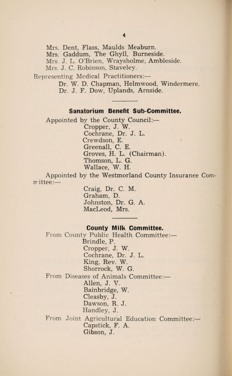 Mrs. Dent, Flass, Maulds Meaburn. Mrs. Gaddum, The Ghyll, Burneside. Mrs. J. L. O’Brien, Wraysholme, Ambleside. Mrs. J. C. Robinson, Staveley. Representing Medical Practitioners:— Dr. W. D. Chapman, Helmwood, Windermere. Dr. J. F. Dow, Uplands, Arnside. Sanatorium Benefit Sub-Committee. Appointed by the County Council:— Cropper, J. W. Cochrane, Dr. J. L. Crewdson, E. Greenall, C. E. Groves, H. L. (Chairman). Thomson, L. G. Wallace, W. H. Appointed by the Westmorland County Insurance Com¬ mittee:— Craig, Dr. C. M. Graham, D. Johnston, Dr. G. A. MacLeod, Mrs. County Milk Committee. From County Public Health Committee:— Brindle, P. Cropper, J. W. Cochrane, Dr. J. L. King, Rev. W. Shorrock, W. G. From Diseases of Animals Committee:— Allen, J. V. Bainbridge, W. Cleasby, J. Dawson, R. J. Handley, J. From Joint Agricultural Education Committee:— Capstick, F. A. Gibson, J.