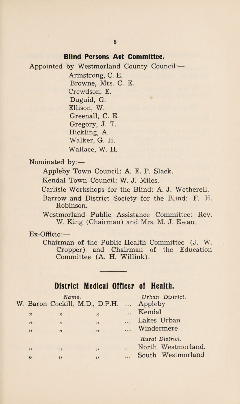 Blind Persons Act Committee. Appointed by Westmorland County Council:— Armstrong, C. E. Browne, Mrs. C. E. Crewdson, E. Duguid, G. Ellison, W. Greenall, C. E. Gregory, J. T. Hickling, A. Walker, G. H. Wallace, W. H. Nominated by:— Appleby Town Council: A. E. P. Slack. Kendal Town Council: W. J. Miles. Carlisle Workshops for the Blind: A. J. Wetherell. Barrow and District Society for the Blind: F. H. Robinson. Westmorland Public Assistance Committee: Rev. W. King (Chairman) and Mrs. M. J. Ewan. Ex-Officio:— Chairman of the Public Health Committee (J. W. Cropper) and Chairman of the Education Committee (A. H. Willink). District Medical Officer of Health. Name. W. Baron Cockill, M.D., D.P.H. ... Urban District. Appleby Kendal Lakes Urban Windermere Rural District. North Westmorland. South Westmorland