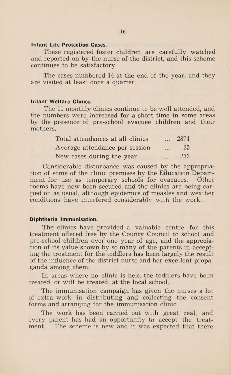 Infant Life Protection Cases. These registered foster children are carefully watched and reported on by the nurse of the district, and this scheme continues to be satisfactory. The cases numbered 14 at the end of the year, and they are visited at least once a quarter. Infant Welfare Clinics. The 11 monthly clinics continue to be well attended, and the numbers were increased for a short time in some areas by the presence of pre-school evacuee children and their mothers. Total attendances at all clinics Average attendance per session New cases during the year 2874 25 233 Considerable disturbance was caused by the appropria¬ tion of some of the clinic premises by the Education Depart¬ ment for use as temporary schools for evacuees. Other rooms have now been secured and the clinics are being car¬ ried on as usual, although epidemics of measles and weather conditions have interfered considerably with the work. Diphtheria Immunisation. The clinics have provided a valuable centre for this treatment offered free by the County Council to school and pre-school children over one year of age, and the apprecia¬ tion of its value shown by so many of the parents in accept¬ ing the treatment for the toddlers has been largely the result of the influence of the district nurse and her excellent propa¬ ganda among them. In areas where no clinic is held the toddlers have been treated, or will be treated, at the local school. The immunisation campaign has given the nurses a lot of extra work in distributing and collecting the consent forms and arranging for the immunisation clinic. The work has been carried out with great zeal, and every parent has had an opportunity to accept the treat¬ ment. The scheme is new and it was expected that there