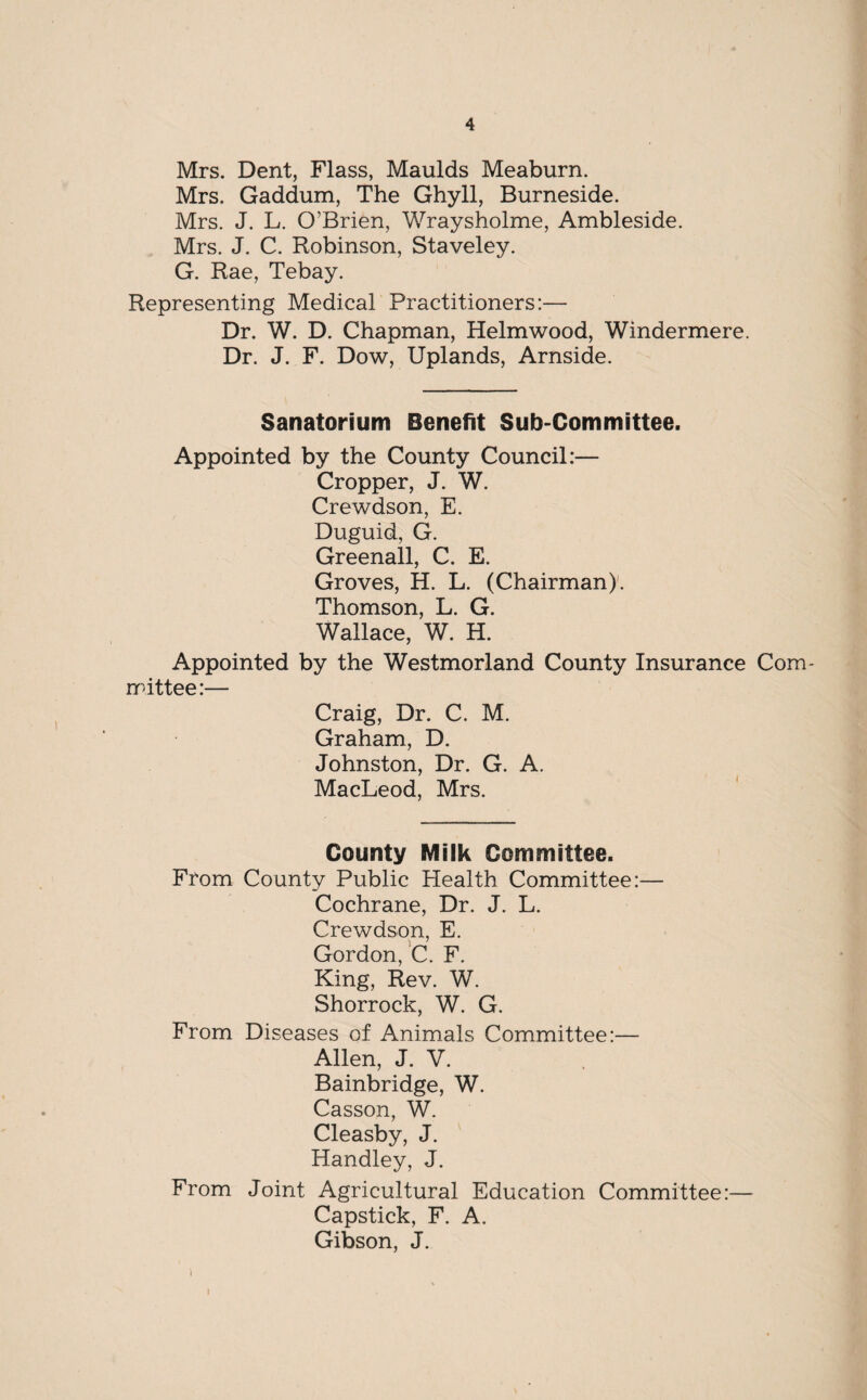 Mrs. Dent, Flass, Maulds Meaburn. Mrs. Gaddum, The Ghyll, Burneside. Mrs. J. L. O’Brien, Wraysholme, Ambleside. Mrs. J. C. Robinson, Staveley. G. Rae, Tebay. Representing Medical Practitioners:— Dr. W. D. Chapman, Helmwood, Windermere. Dr. J. F. Dow, Uplands, Arnside. Sanatorium Benefit Sub-Committee. Appointed by the County Council:— Cropper, J. W. Crewdson, E. Duguid, G. Greenall, C. E. Groves, H. L. (Chairman). Thomson, L. G. Wallace, W. H. Appointed by the Westmorland County Insurance Com¬ mittee:— Craig, Dr. C. M. Graham, D. Johnston, Dr. G. A. MacLeod, Mrs. County Milk Committee. From County Public Health Committee:— Cochrane, Dr. J. L. Crewdson, E. Gordon, C. F. King, Rev. W. Shorrock, W. G. From Diseases of Animals Committee:— Allen, J. V. Bainbridge, W. Casson, W. Cleasby, J. Handley, J. From Joint Agricultural Education Committee:— Capstick, F. A. Gibson, J.