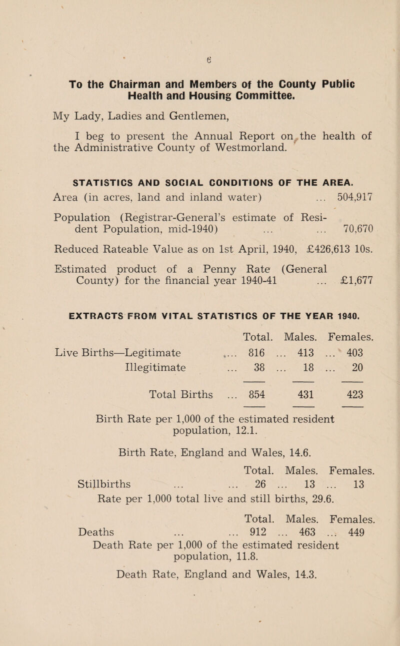 To the Chairman and Members of the County Public Health and Housing Committee. My Lady, Ladies and Gentlemen, I beg to present the Annual Report on the health of the Administrative County of Westmorland. STATISTICS AND SOCIAL CONDITIONS OF THE AREA. Area (in acres, land and inland water) ... 504,917 Population (Registrar-General’s estimate of Resi¬ dent Population, mid-1940) ... ... 70,670 Reduced Rateable Value as on 1st April, 1940, £426,613 10s. Estimated product of a Penny Rate (General County) for the financial year 1940-41 ... £1,677 EXTRACTS FROSVI VITAL STATISTICS OF THE YEAR 1940. Total. Males. Females. Live Births—Legitimate ,... 816 ... 413 ... 403 Illegitimate ... 38 ... 18 ... 20 Total Births ... 854 431 423 Birth Rate per 1,000 of the estimated resident population, 12.1. Birth Rate, England and Wales, 14.6. Total. Males. Females. Stillbirths ... ... 26 ... 13 ... 13 Rate per 1,000 total live and still births, 29.6. Total. Males. Females. Deaths ... ... 912 ... 463 ... 449 Death Rate per 1,000 of the estimated resident population, 11.8. Death Rate, England and Wales, 14.3.