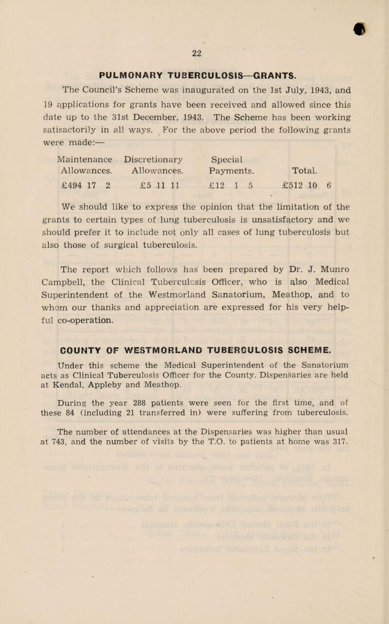 PULMONARY TUBERCULOSIS—GRANTS. The Council’s Scheme was inaugurated on the 1st July, 1943, and 19 applications for grants have been received and allowed since this date up to the 31st December, 1943. The Scheme has been working satisactorily in all ways. For the above period the following grants were made:— Maintenance Discretionary Special Allowances. Allowances. Payments. Total. £494 17 2 £5 11 11 £12 1 5 £512 10 We should like to express the opinion that the limitation of the grants to certain types of lung tuberculosis is unsatisfactory and we should prefer it to include not only all cases of lung tuberculosis but also those of surgical tuberculosis. The report which follows has been prepared by Dr. J. Munro Campbell, the Clinical Tuberculosis Officer, who is also Medical Superintendent of the Westmorland Sanatorium, Meathop, and to whom our thanks and appreciation a.re expressed for his very help¬ ful co-operation. COUNTY OF WESTMORLAND TUBERCULOSIS SCHEME. Under this scheme the Medical Superintendent of the Sanatorium acts as Clinical Tuberculosis Officer for the County. Dispensaries are held at Kendal, Appleby and Meathop. During the year 288 patients were seen for the first time, and of these 84 (including 21 transferred in) were suffering from tuberculosis. The number of attendances at the Dispensaries was higher than usual at 743, and the number of visits by the T.O. to patients at home was 317.