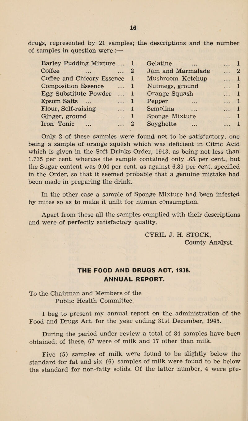 drugs, represented by 21 samples; the descriptions and the number of samples in question were :— Barley Pudding Mixture ... 1 Coffee ... ... 2 Coffee and Chicory Essence 1 Composition Essence ... 1 Egg Substitute Powder ... 1 Epsom Salts ... ... 1 Flour, Self-raising ... 1 Ginger, ground ... 1 Iron Tonic ... ... 2 Only 2 of these samples were found not to be satisfactory, one being a sample of orange squash which was deficient in Citric Acid which is given in the Soft Drinks Order, 1943, as being not less than 1.735 per cent, whereas the sample contained only .65 per cent., but the Sugar content was 9.04 per cent, as against 6.89 per cent, specified in the Order, so that it seemed probable that a genuine mistake had been made in preparing the drink. In the other case a sample of Sponge Mixture had been infested by mites so as to make it unfit for human consumption. Apart from these all the samples complied with their descriptions and were of perfectly satisfactory quality. CYRIL J. H. STOCK, County Analyst. Gelatine ... ... 1 Jam and Marmalade ... 2 Mushroom Ketchup ... 1 Nutmegs, ground ... 1 Orange Squash ... 1 Pepper ... ... 1 Semolina ... ... 1 Sponge Mixture ... 1 Soyghette ... ... 1 THE FOOD AND DRUGS ACT, 1938. ANNUAL REPORT. To the Chairman and Members of the Public Health Committee. I beg to present my annual report on the administration of the Food and Drugs Act, for the year ending 31st December, 1945. During the period under review a total of 84 samples have been obtained; of these, 67 were of milk and 17 other than milk. Five (5) samples of milk were found to be slightly below the standard for fat and six (6) samples of milk were found to be below the standard for non-fatty solids. Of the latter number, 4 were pre-