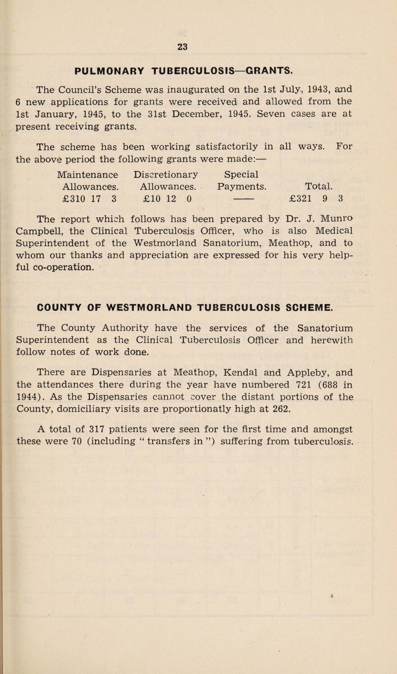 PULMONARY TUBERCULOSIS—GRANTS. The Council’s Scheme was inaugurated on the 1st July, 1943, and 6 new applications for grants were received and allowed from the 1st January, 1945, to the 31st December, 1945. Seven cases are at present receiving grants. The scheme has been working satisfactorily in all ways. For the above period the following grants were made:— Maintenance Discretionary Special Allowances. Allowances. Payments. Total. £310 17 3 £10 12 0 £321 9 3 The report which follows has been prepared by Dr. J. Munro Campbell, the Clinical Tuberculosis Officer, who is also Medical Superintendent of the Westmorland Sanatorium, Meathop, and to whom our thanks and appreciation are expressed for his very help¬ ful co-operation. COUNTY OF WESTMORLAND TUBERCULOSIS SCHEME. The County Authority have the services of the Sanatorium Superintendent as the Clinical Tuberculosis Officer and herewith follow notes of work done. There are Dispensaries at Meathop, Kendal and Appleby, and the attendances there during the year have numbered 721 (688 in 1944). As the Dispensaries cannot cover the distant portions of the County, domiciliary visits are proportionatly high at 262. A total of 317 patients were seen for the first time and amongst these were 70 (including “ transfers in ”) suffering from tuberculosis. «