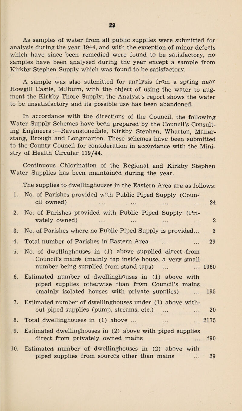 As samples of water from all public supplies were submitted for analysis during the year 1944, and with the exception of minor defects which have since been remedied were found to be satisfactory, noi samples have been analysed during the year except a sample from Kirkby Stephen Supply which was found to be satisfactory. A sample was also submitted for analysis from a spring near Howgill Castle, Milburn, with the object of using the water to aug¬ ment the Kirkby Thore Supply; the Analyst’s report shows the water to be unsatisfactory and its possible use has been abandoned!. In accordance with the directions of the Council, the following Water Supply Schemes have been prepared by the Council’s Consult¬ ing Engineers :—Ravenstonedale, Kirkby Stephen, Wharton, Maller- stang, Brough and Longmarton. These schemes have been submitted to the County Council for consideration in accordance with the Mini¬ stry of Health Circular 119/44. Continuous Chlorination of the Regional and Kirkby Stephen Water Supplies has been maintained during the year. The supplies to dwellinghouses in the Eastern Area are as follows: 1. No. of Parishes provided with Public Piped Supply (Coun¬ cil owned) ... ... ... ... 24 2. No. of Parishes provided with Public Piped Supply (Pri¬ vately owned) ... ... ... ... 2 3. No. of Parishes where no Public Piped Supply is provided... 3 4. Total number of Parishes in Eastern Area ... ... 29 5. No. of dwellinghouses in (1) above supplied direct from Council’s mairis (mainly tap inside house, a very small number being supplied from stand taps) ... ... 1960 6. Estimated number of dwellinghouses in (1) above with piped supplies otherwise than from Council’s mains (mainly isolated houses with private supplies) ... 195 7. Estimated number of dwellinghouses under (1) above with¬ out piped supplies (pump, streams, etc.) ... ... 20 8. Total dwellinghouses in (1) above ... ... ... 2175 9. Estimated dwellinghouses in (2) above with piped supplies direct from privately owned mains ... ... f90 10. Estimated number of dwellinghouses in (2) above with piped supplies from sources other than mains 29