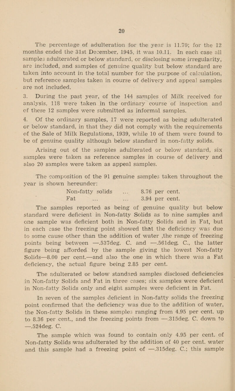 The percentage of adulteration for the year is 11,70; for the 12 months ended the 31st December, 1945, it was 10.11. In each case all samples adulterated or below standard, or disclosing some irregularity, are included, and samples of genuine quality but below standard are taken into account in the total number for the purpose of calculation, but reference samples taken in course of delivery and appeal samples are not included. 3. During the past year, of the 144 samples of Milk received for analysis, 118 were taken in the ordinary course of inspection and of these 12 samples were submitted as informal samples. 4. Of the ordinary samples, 17 were reported as being adulterated or below standard, in that they did not comply with the requirements of the Sale of Milk Regulations, 1939, while 10 of them were found to be of genuine quality although below standard in non-fatty solids. Arising out of the samples adulterated or below standard, six samples were taken as reference samples in course of delivery and also 20 samples were taken as appeal samples. The composition of the 91 genuine samples taken throughout the year is shown hereunder: Non-fatty solids ... 8.76 per cent. Fat ... ... 3.94 per cent. The samples reportedi as being of genuine quality but below standard were deficient in Non-fatty Solids as to nine samples and one sample was deficient both in Non-fatty Solids and in Fat, but in each case the freezing point showed that the deficiency was due to some cause other than the addition of water ,the range of freezing points being between —.537deg. C. and —.561deg'r C., the latter figure being afforded by the sample giving the lowest Non-fatty Solids—8.00 per cent.—and also the one in which there was a Fat deficiency, the actual figure being 2.85 per cent. The adulterated or below standard samples disclosed deficiencies in Non-fatty Solids and Fat in three cases; six samples were deficient in Non-fatty Solids only and eight samples were deficient in Fat. In seven of the samples deficient in Non-fatty solids the freezing point confirmed that the deficiency was due to the addition of water, the Non-fatty Solids in these samples ranging from 4.95 per cent, up to 8.36 per cent., and the freezing points from —.315deg. C. down to —,524deg. C. The sample which was found to contain only 4.95 per cent, of Non-fatty Solids was adulterated by the addition of 40 per cent, water and this sample had a freezing point of —.315deg. C.; this sample