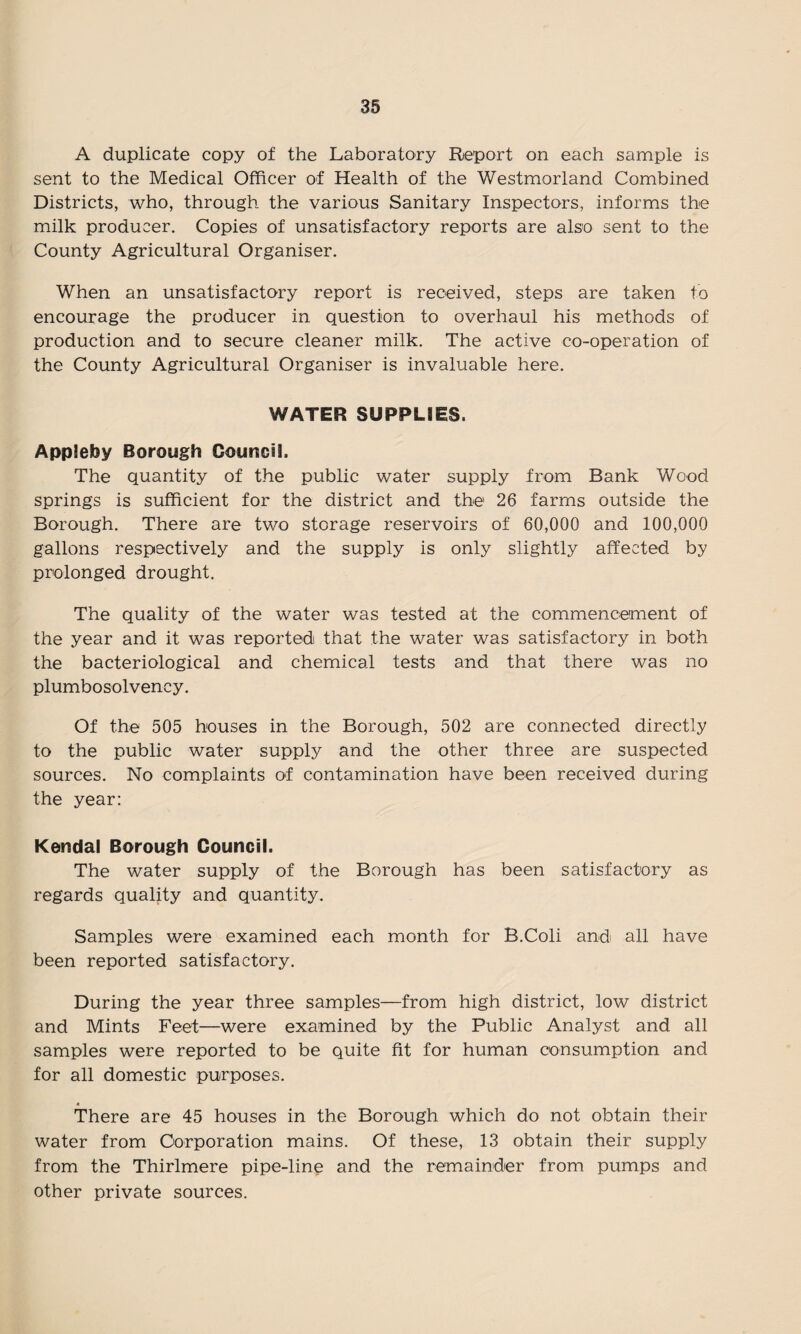 A duplicate copy of the Laboratory Report on each sample is sent to the Medical Officer of Health of the Westmorland Combined Districts, who, through the various Sanitary Inspectors, informs the milk producer. Copies of unsatisfactory reports are also sent to the County Agricultural Organiser. When an unsatisfactory report is received, steps are taken to encourage the producer in question to overhaul his methods of production and to secure cleaner milk. The active co-operation of the County Agricultural Organiser is invaluable here. WATER SUPPLIES. Appleby Borough Council. The quantity of the public water supply from Bank Wood springs is sufficient for the district and the 26 farms outside the Borough. There are two storage reservoirs of 60,000 and 100,000 gallons respectively and the supply is only slightly affected by prolonged drought. The quality of the water was tested at the commencement of the year and it was reported that the water was satisfactory in both the bacteriological and chemical tests and that there was no plumbosolvency. Of the 505 houses in the Borough, 502 are connected directly to the public water supply and the other three are suspected sources. No complaints of contamination have been received during the year: Kendal Borough Council. The water supply of the Borough has been satisfactory as regards quality and quantity. Samples were examined each month for B.Coli and all have been reported satisfactory. During the year three samples—from high district, low district and Mints Feet—were examined by the Public Analyst and all samples were reported to be quite fit for human consumption and for all domestic purposes. * There are 45 houses in the Borough which do not obtain their water from Corporation mains. Of these, 13 obtain their supply from the Thirlmere pipe-line and the remainder from pumps and other private sources.
