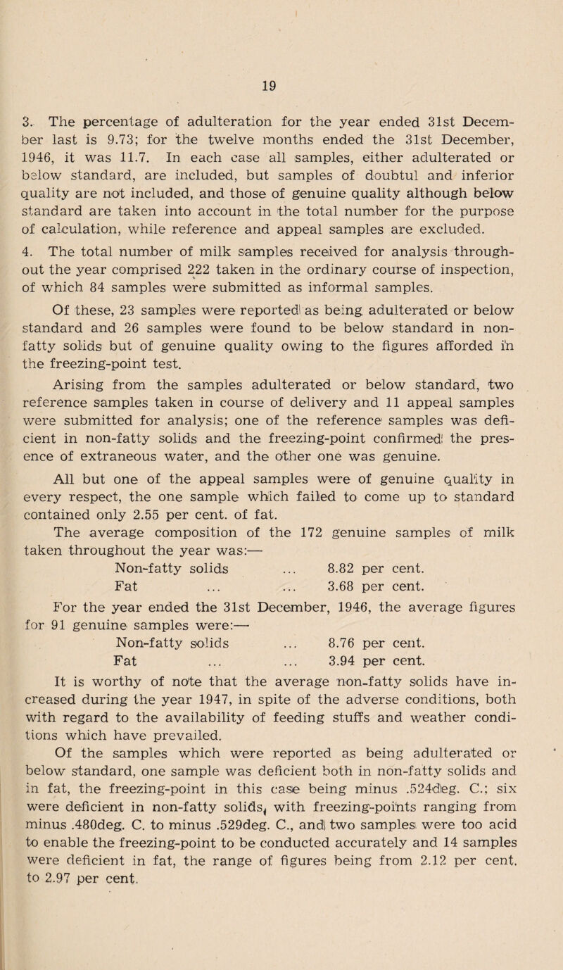 3. The percentage of adulteration for the year ended 31st Decem¬ ber last is 9.73; for the twelve months ended the 31st December, 1946, it was 11.7. In each case all samples, either adulterated or below standard, are included, but samples of doubtul and inferior quality are not included, and those of genuine quality although below standard are taken into account in the total number for the purpose of calculation, while reference and appeal samples are excluded. 4. The total number of milk samples received for analysis through¬ out the year comprised 222 taken in the ordinary course of inspection, of which 84 samples were submitted as informal samples. Of these, 23 samples were reported! as being adulterated or below standard and 26 samples were found to be below standard in non¬ fatty solids but of genuine quality owing to the figures afforded i'n the freezing-point test. Arising from the samples adulterated or below standard, two reference samples taken in course of delivery and 11 appeal samples were submitted for analysis; one of the reference samples was defi¬ cient in non-fatty solids and the freezing-point confirmed! the pres¬ ence of extraneous water, and the other one was genuine. All but one of the appeal samples were of genuine quality in every respect, the one sample which failed to come up to standard contained only 2.55 per cent, of fat. The average composition of the 172 genuine samples of milk taken throughout the year was:— Non-fatty solids ... 8.82 per cent. Fat ... ... 3.68 per cent. For the year ended the 31st December, 1946, the average figures for 91 genuine samples were:—- Non-fatty solids ... 8.76 per cent. Fat ... ... 3.94 per cent. It is worthy of note that the average non-fatty solids have in¬ creased during the year 1947, in spite of the adverse conditions, both with regard to the availability of feeding stuffs and weather condi¬ tions which have prevailed. Of the samples which were reported as being adulterated or below standard, one sample was deficient both in non-fatty solids and in fat, the freezing-point in this ca.se being minus .524dieg. C.; six were deficient in non-fatty solids^ with freezing-points ranging from minus .480deg. C. to minus .529deg. C., andl two samples; were too acid to enable the freezing-point to be conducted accurately and 14 samples were deficient in fat, the range of figures being from 2.12 per cent, to 2.97 per cent.