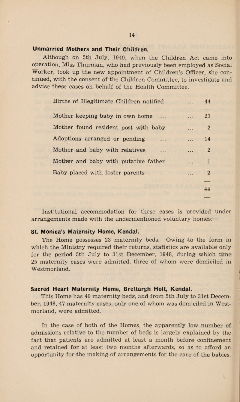 Unmarried Mothers and Their Children. Although on 5th July, 1949, when the Children Act came into operation, Miss Thurman, who had previously been employed as Social Worker, took up the new appointment of Children’s Officer, she con-, tinued, with the consent of the Children Committee, to investigate and advise these cases on behalf of the Health Committee. Births of Illegitimate Children notified ... 44 Mother keeping baby in own home ... ... 23 Mother found resident post with baby ... 2 Adoptions arranged or pending ... ... 14 Mother and baby with relatives ... ... 2 Mother and baby with putative father ... 1 Baby placed with foster parents ... ... 2 44 Institutional accommodation for these cases is provided under arrangements made with the undermentioned voluntary homes:— St. Monica’s Maternity Home, Kendal. The Home possesses 23 maternity beds. Oiwing to the form in which the Ministry required their returns, statistics are available only for the period 5th July to 31st December, 1948, during which time 25 maternity cases were admitted, three of whom were domiciled in Westmorland. Sacred Heart Maternity Home, Brettargh Holt, Kendal. This Home has 40 maternity beds, and from 5th July to 31st Decem¬ ber, 1948, 47 maternity cases, only one of whom was domiciled in West¬ morland, were admitted. In the case of both of the Homes, the apparently low number of admissions relative to the number of beds is largely explained by the fact that patients are admitted at least a month before confinement and retained for at least two months afterwards, so as to afford an opportunity for the making of arrangements for the care of the babies.