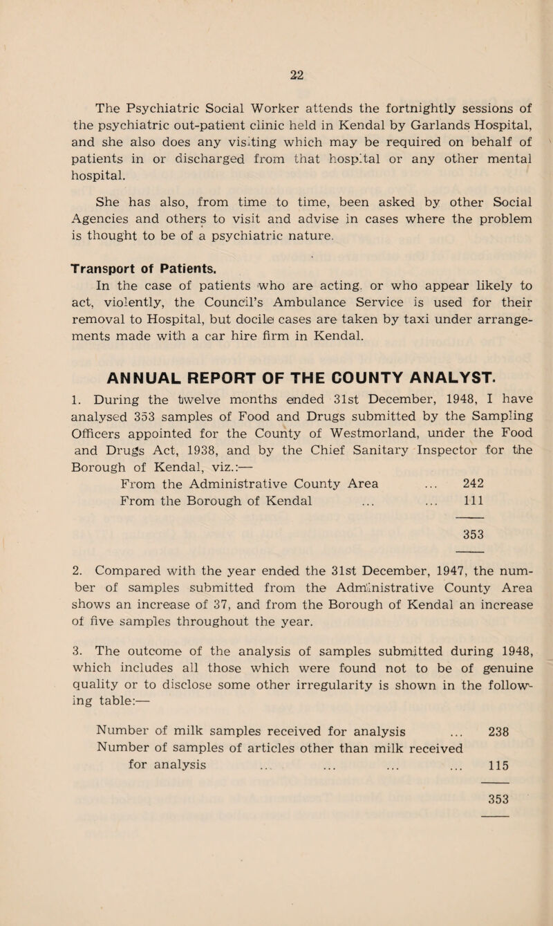 The Psychiatric Social Worker attends the fortnightly sessions of the psychiatric out-patient clinic held in Kendal by Garlands Hospital, and she also does any visiting which may be required on behalf of patients in or discharged from that hospital or any other mental hospital. She has also, from time to time, been asked by other Social Agencies and others to visit and advise in cases where the problem is thought to be of a psychiatric nature. Transport of Patients. In the case of patients who are acting, or who appear likely to act, violently, the Council’s Ambulance Service is used for their removal to Hospital, but docile cases are taken by taxi under arrange¬ ments made with a car hire firm in Kendal. ANNUAL REPORT OF THE COUNTY ANALYST. 1. During the twelve months ended 31st December, 1948, I have analysed 353 samples of Food and Drugs submitted by the Sampling Officers appointed for the County of Westmorland, under the Food and Drugs Act, 1938, and by the Chief Sanitary Inspector for the Borough of Kendal, viz.:— From the Administrative County Area ... 242 From the Borough of Kendal ... ... Ill 353 2. Compared with the year ended the 31st December, 1947, the num¬ ber of samples submitted from the Administrative County Area shows an increase of 37, and from the Borough of Kendal an increase of five samples throughout the year. 3. The outcome of the analysis of samples submitted during 1948, which includes all those which were found not to be of genuine quality or to disclose some other irregularity is shown in the follow¬ ing table:— Number of milk samples received for analysis ... 238 Number of samples of articles other than milk received for analysis ... ... ... ... 115 353