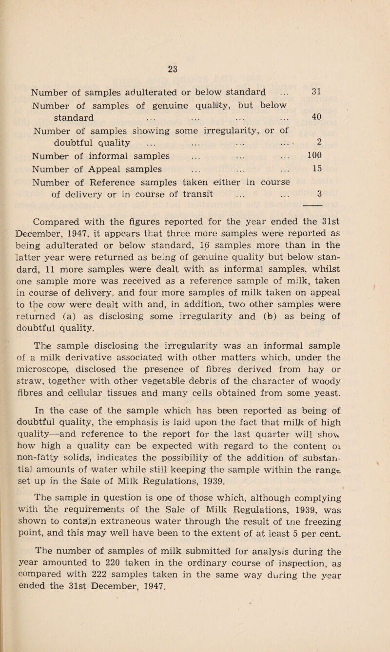 Number of samples adulterated or below standard Number of samples of genuine quality, but below 31 standard Number of samples showing some irregularity, or of 40 doubtful quality Number of informal samples Number of Appeal samples Number of Reference samples taken either in course 2 100 15 of delivery or in course of transit 3 Compared with the figures reported for the year ended the 31st December, 1947, it appears that three more samples were reported as being adulterated or below standard, 16 samples more than in the latter year were returned as being of genuine quality but below stan¬ dard, 11 more samples were dealt with as informal samples, whilst one sample more was received as a reference sample of milk, taken in course of delivery, and four more samples of milk taken on appeal to the cow were dealt with and, in addition, two other samples were returned (a) as disclosing some irregularity and (b) as being of doubtful quality. The sample disclosing the irregularity was an informal sample of a milk derivative associated with other matters which, under the microscope, disclosed the presence of fibres derived from hay or straw, together with other vegetable debris of the character of woody fibres and cellular tissues and many cells obtained from some yeast. In the case of the sample which has been reported as being of doubtful quality, the emphasis is laid upon the fact that milk of high quality—and reference to the report for the last quarter will sho\v how high a quality can be expected with regard to the content oi non-fatty solids, indicates the possibility of the addition of substan¬ tial amounts of water while still keeping the sample within the rangt set up in the Sale of Milk Regulations, 1939. The sample in question is one of those which, although complying with the requirements of the Sale of Milk Regulations, 1939, was shown to contain extraneous water through the result of trie freezing point, and this may well have been to the extent of at least 5 per cent. The number of samples of milk submitted for analysis during the year amounted to 220 taken in the ordinary course of inspection, as compared with 222 samples taken in the same way during the year ended the 31st December, 1947.