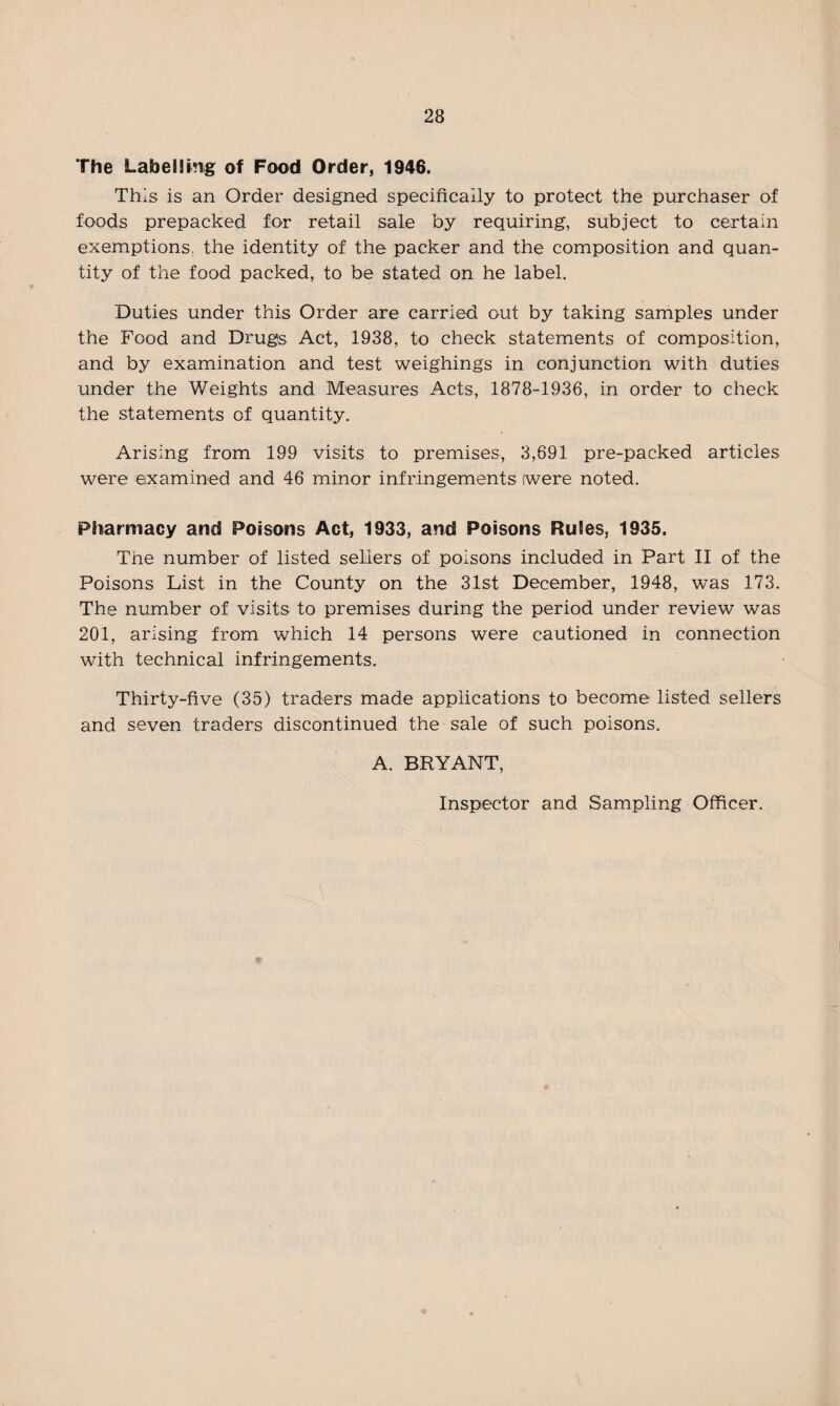 The Labeling of Food Order, 1946. This is an Order designed specifically to protect the purchaser of foods prepacked for retail sale by requiring, subject to certain exemptions, the identity of the packer and the composition and quan¬ tity of the food packed, to be stated on he label. Duties under this Order are carried out by taking samples under the Food and Drugs Act, 1938, to check statements of composition, and by examination and test weighings in conjunction with duties under the Weights and Measures Acts, 1878-1936, in order to check the statements of quantity. Arising from 199 visits to premises, 3,691 pre-packed articles were examined and 46 minor infringements (were noted. Pharmacy and Poisons Act, 1933, and Poisons Rules, 1935. The number of listed sellers of poisons included in Part II of the Poisons List in the County on the 31st December, 1948, was 173. The number of visits to premises during the period under review was 201, arising from which 14 persons were cautioned in connection with technical infringements. Thirty-five (35) traders made applications to become listed sellers and seven traders discontinued the sale of such poisons. A. BRYANT, Inspector and Sampling Officer.