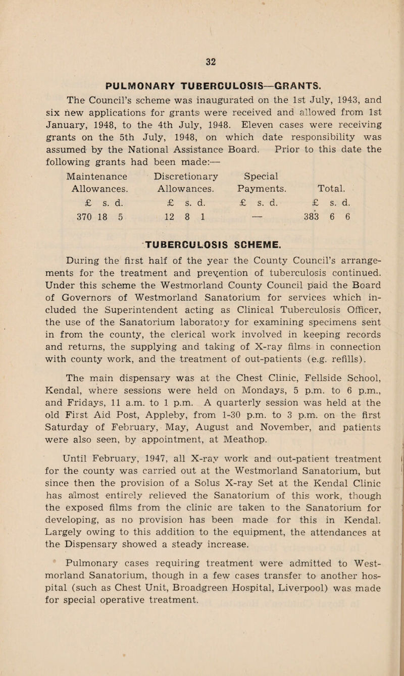 PULMONARY TUBERCULOSIS-GRANTS. The Council’s scheme was inaugurated on the 1st July, 1943, and six hew applications for grants were received and allowed from 1st January, 1948, to the 4th July, 1948. Eleven cases were receiving grants on the 5th July, 1948, on which date responsibility was assumed by the National Assistance Board. Prior to this date the following grants had been made:— Maintenance Discretionary Special Allowances. Allowances. Payments. Total. £ s. d. £ s. d. £ s. d. £ s. c 370 18 5 12 8 1 — 383 6 TUBERCULOSIS SCHEME. During the first half of the year the County Council’s arrange¬ ments for the treatment and prevention of tuberculosis continued. Under this scheme the Westmorland County Council paid the Board of Governors of Westmorland Sanatorium for services which in¬ cluded the Superintendent acting as Clinical Tuberculosis Officer, the use of the Sanatorium laboratory for examining specimens sent in from the county, the clerical work involved in keeping records and returns, the supplying and taking of X-ray films in connection with county work, and the treatment of out-patients (e.g. refills). The main dispensary was at the Chest Clinic, Fellside School, Kendal, where sessions were held on Mondays, 5 p.m. to 6 p.m., and Fridays, 11 a.m. to 1 p.m. A quarterly session was held at the old First Aid Post, Appleby, from 1-30 p.m. to 3 p.m. on the first Saturday of February, May, August and November, and patients were also seen, by appointment, at Meathop. Until February, 1947, all X-ray work and out-patient treatment for the county was carried out at the Westmorland Sanatorium, but since then the provision of a Solus X-ray Set at the Kendal Clinic has almost entirely relieved the Sanatorium of this work, though the exposed films from the clinic are taken to the Sanatorium for developing, as no provision has been made for this in Kendal. Largely owing to this addition to the equipment, the attendances at the Dispensary showed a steady increase. Pulmonary cases requiring treatment were admitted to West¬ morland Sanatorium, though in a few cases transfer to another hos¬ pital (such as Chest Unit, Broadgreen Hospital, Liverpool) was made for special operative treatment.