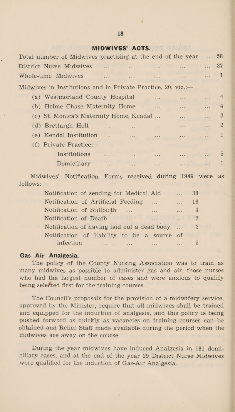 IVIIDWIVES’ ACTS. Total number of Midwives practising at the end of the year ... 58 District Nurse Midwives ... ... ... ... ... 37 Whole-time Midwives ... ... ... ... < • • 1 Midwives in Institutions and in Private Practice, 20, viz.:— (a) Westmorland County Hospital ... ... ... 4 (b) Helme Chase Maternity Home ... ... ... 4 (c) St. Monica’s Maternity Home, Kendal ... ... ... 3 (d) Brettargh Holt ... ... ... ... ... 2 (e) Kendal Institution ... ... ... ... ... 1 (f) Private Practice:— Institutions ... ... ... ... ... 5 Domiciliary ... ... ... ... ... 1 Midwives’ Notification Forms received during 1949 were as follows:— Notification of sending for Medical Aid ... 38 Notification of Artificial Feeding ... ... 16 Notification of Stillbirth ... ... ... 4 Notification of Death ... ... ... 2 Notification of having laid out a dead body ... 3 Notification of liability to be a source of infection ... ... ... ... 5 Gas Air Analgesia. The policy of the County Nursing Association was to train as many midwives as possible to administer gas and air, those nurses who had the largest number of cases and were anxious to qualify being selected first for the training courses. The Council’s proposals for the provision of a midwifery service, approved by the Minister, require that all midwives shall be trained and equipped for the induction of analgesia, and this policy is being pushed forward as quickly as vacancies on training courses can be obtained and Relief Staff made available during the period when the midwives are away on the course. During the year midwives have induced Analgesia in 181 domi¬ ciliary cases, and at the end of the year 29 District Nurse Midwives were qualified for the induction of Gas-Air Analgesia.