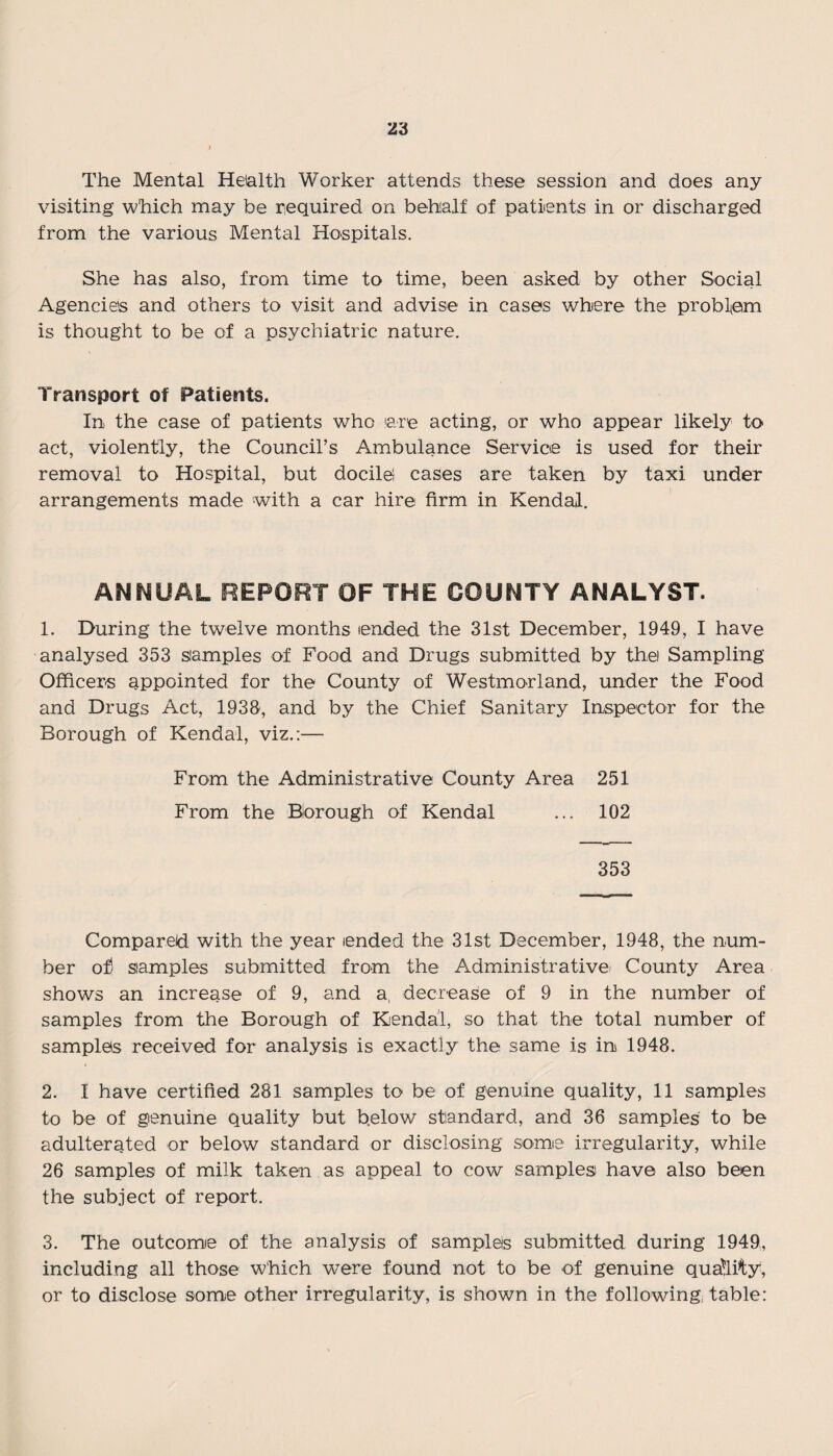 The Mental Hetalth Worker attends these session and does any visiting which may be required on behalf of patients in or discharged from the various Mental Hospitals. She has also, from time to time, been asked by other Social Agencies and others to visit and advise in cases where the problem is thought to be of a psychiatric nature. Transport of Patients. In the case of patients who are acting, or who appear likely to act, violently, the Council’s Ambulance Service is used for their removal to Hospital, but docile! cases are taken by taxi under arrangements made with a car hire firm in Kendal. ANNUAL REPORT OF THE COUNTY ANALYST. 1. During the twelve months ended the 31st December, 1949, I have analysed 353 samples of Food and Drugs submitted by thei Sampling Officers appointed for the County of Westmorland, under the Food and Drugs Act, 1938, and by the Chief Sanitary Inspector for the Borough of Kendal, viz.:— From the Administrative County Area 251 From the Borough of Kendal ... 102 353 Compared with the year ended the 31st December, 1948, the num¬ ber of) samples submitted from the Administrative. County Area shows an increase of 9, and a decrease of 9 in the number of samples from the Borough of Kendal, so that the total number of samples received for analysis is exactly the same is in 1948. 2. I have certified 281 samples to be of genuine quality, 11 samples to be of genuine quality but b.elow standard, and 36 samples to be adulterated or below standard or disclosing some irregularity, while 26 samples of milk taken as appeal to cow samples have also been the subject of report. 3. The outcome of the analysis of samples submitted during 1949, including all those which w'ere found not to be of genuine quality, or to disclose some other irregularity, is shown in the following, table: