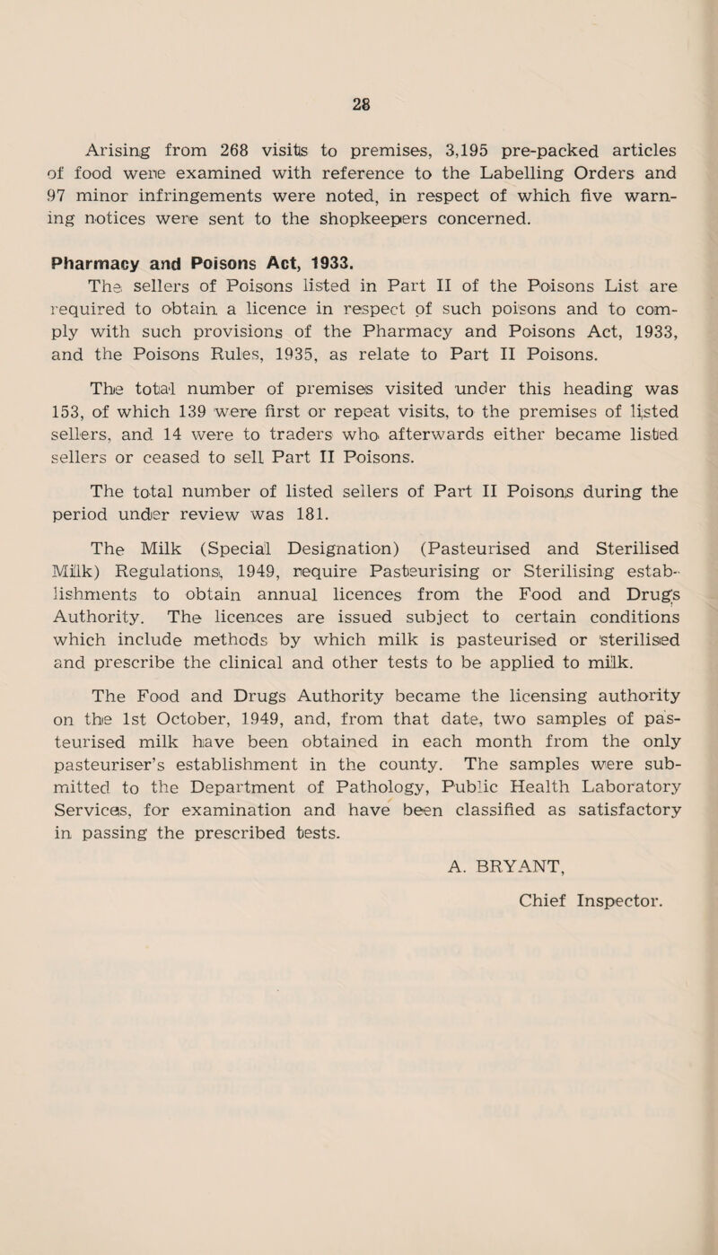 Arising from 268 visits to premises, 3,195 pre-packed articles of food were examined with reference to the Labelling Orders and 97 minor infringements were noted, in respect of which five warn¬ ing notices were sent to the shopkeepers concerned. Pharmacy and Poisons Act, 1933. The sellers of Poisons listed in Part II of the Poisons List are required to obtain a licence in respect of such poisons and to com¬ ply with such provisions of the Pharmacy and Poisons Act, 1933, and the Poisons Rules, 1935, as relate to Part II Poisons. The total number of premises visited under this heading was 153, of which 139 were first or repeat visits, to the premises of lifted sellers, and 14 were to traders who> afterwards either became listed sellers or ceased to sell Part II Poisons. The total number of listed sellers of Part II Poisons during the period under review was 181. The Milk (Special Designation) (Pasteurised and Sterilised Milk) Regulations*, 1949, require Pasteurising or Sterilising estab¬ lishments to obtain annual licences from the Food and Drugs Authority. The licences are issued subject to certain conditions which include methods by which milk is pasteurised or 'sterilised and prescribe the clinical and other tests to be applied to milk. The Food and Drugs Authority became the licensing authority on the 1st October, 1949, and, from that date, two samples of pas¬ teurised milk have been obtained in each month from the only pasteuriser’s establishment in the county. The samples were sub¬ mitted to the Department of Pathology, Public Health Laboratory Services, for examination and have been classified as satisfactory in passing the prescribed tests. A. BRYANT, Chief Inspector.