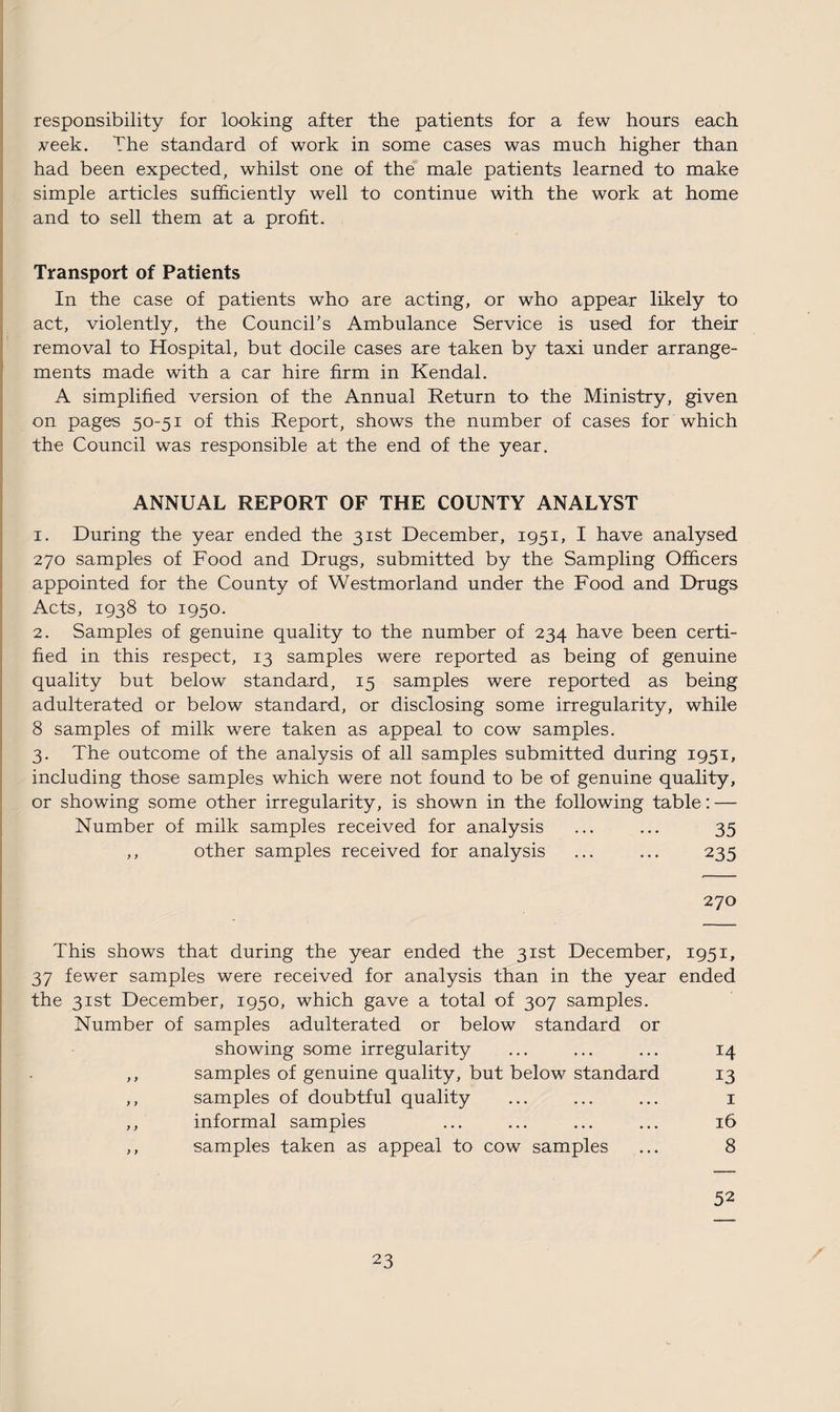 responsibility for looking after the patients for a few hours each veek. The standard of work in some cases was much higher than had been expected, whilst one of the male patients learned to make simple articles sufficiently well to continue with the work at home and to sell them at a profit. Transport of Patients In the case of patients who are acting, or who appear likely to act, violently, the Council's Ambulance Service is used for their removal to Hospital, but docile cases are taken by taxi under arrange¬ ments made with a car hire firm in Kendal. A simplified version of the Annual Return to the Ministry, given on pages 50-51 of this Report, shows the number of cases for which the Council was responsible at the end of the year. ANNUAL REPORT OF THE COUNTY ANALYST 1. During the year ended the 31st December, 1951, I have analysed 270 samples of Food and Drugs, submitted by the Sampling Officers appointed for the County of Westmorland under the Food and Drugs Acts, 1938 to 1950. 2. Samples of genuine quality to the number of 234 have been certi¬ fied in this respect, 13 samples were reported as being of genuine quality but below standard, 15 samples were reported as being adulterated or below standard, or disclosing some irregularity, while 8 samples of milk were taken as appeal to cow samples. 3. The outcome of the analysis of all samples submitted during 1951, including those samples which were not found to be of genuine quality, or showing some other irregularity, is shown in the following table: — Number of milk samples received for analysis ... ... 35 ,, other samples received for analysis ... ... 235 270 This shows that during the year ended the 31st December, 1951, 37 fewer samples were received for analysis than in the year ended the 31st December, 1950, which gave a total of 307 samples. Number of samples adulterated or below standard or showing some irregularity ... ... ... 14 ,, samples of genuine quality, but below standard 13 ,, samples of doubtful quality ... ... ... 1 ,, informal samples ... ... ... ... 16 ,, samples taken as appeal to cow samples ... 8 52