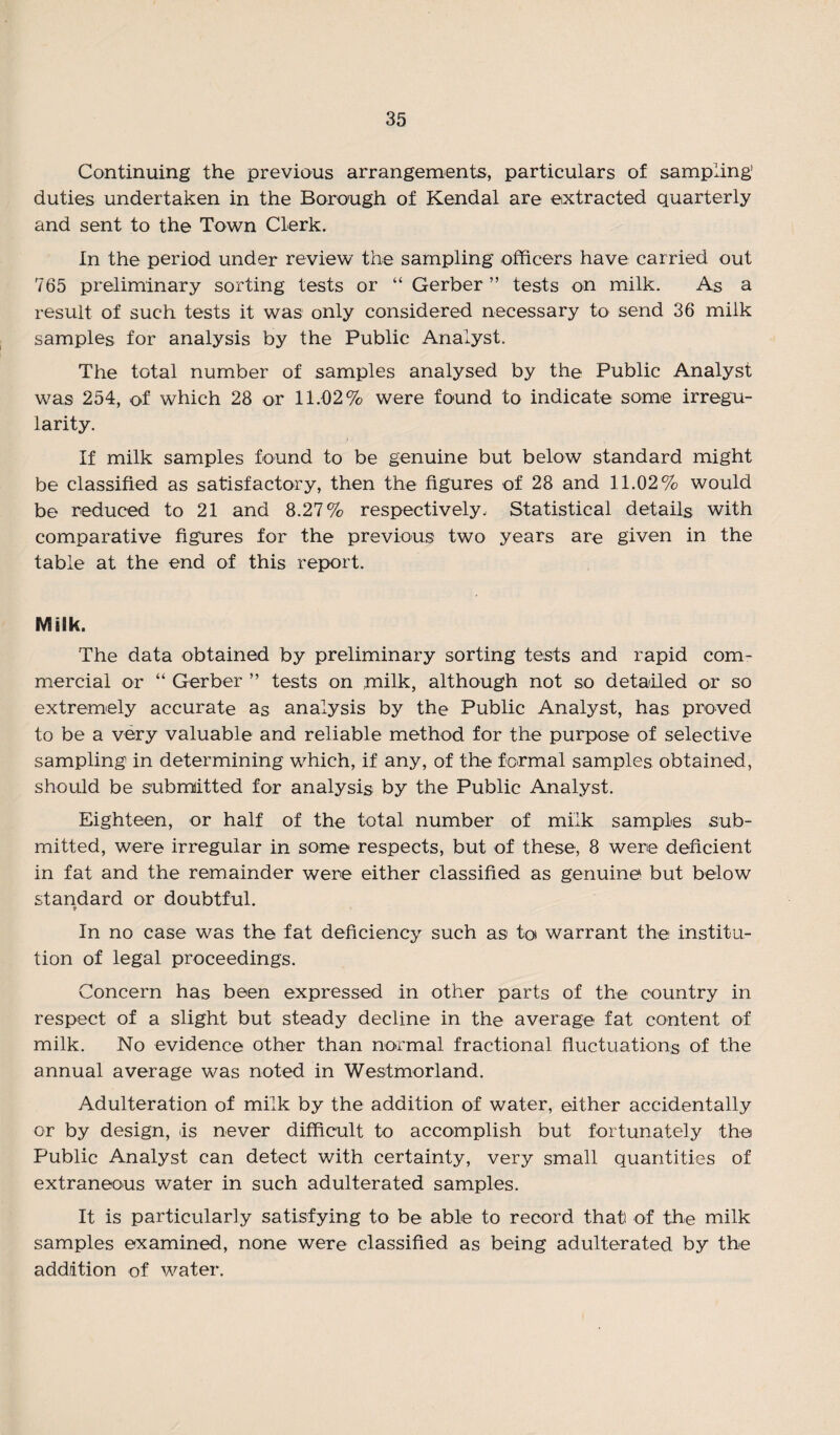 Continuing the previous arrangements, particulars of sampling' duties undertaken in the Borough of Kendal are extracted quarterly and sent to the Town Clerk. In the period under review the sampling officers have carried out 765 preliminary sorting tests or “ Gerber” tests on milk. As a result of such tests it was only considered necessary to send 36 milk samples for analysis by the Public Analyst. The total number of samples analysed by the Public Analyst was 254, of which 28 or 11.02% were found to indicate some irregu¬ larity. If milk samples found to be genuine but below standard might be classified as satisfactory, then the figures of 28 and 11.02% would be reduced to 21 and 8.27% respectively. Statistical details with comparative figures for the previous two years are given in the table at the end of this report. Milk. The data obtained by preliminary sorting tests and rapid com¬ mercial or “ Gerber ” tests on milk, although not so detailed or so extremely accurate as analysis by the Public Analyst, has proved to be a very valuable and reliable method for the purpose of selective sampling in determining which, if any, of the formal samples obtained, should be submitted for analysis by the Public Analyst. Eighteen, or half of the total number of milk samples sub¬ mitted, were irregular in some respects, but of these, 8 were deficient in fat and the remainder were either classified as genuine but below standard or doubtful. 9 In no case was the fat deficiency such as to warrant the institu¬ tion of legal proceedings. Concern has been expressed in other parts of the country in respect of a slight but steady decline in the average fat content of milk. No evidence other than normal fractional fluctuations of the annual average was noted in Westmorland. Adulteration of milk by the addition of water, either accidentally or by design, is never difficult to accomplish but fortunately the Public Analyst can detect with certainty, very small quantities of extraneous water in such adulterated samples. It is particularly satisfying to be able to record that) of the milk samples examined, none were classified as being adulterated by the addition of water.