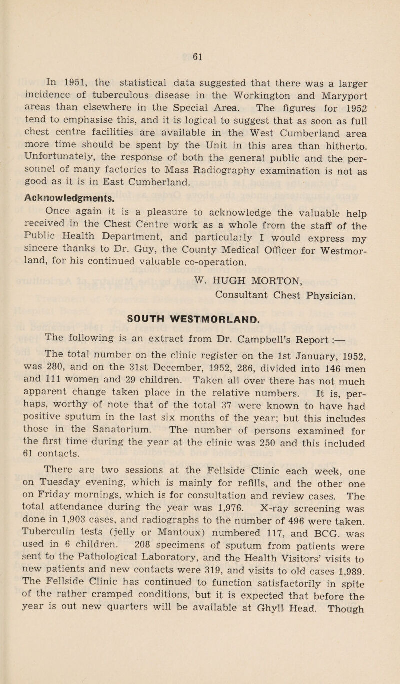 In 1951, the statistical data suggested that there was a larger incidence of tuberculous disease in the Workington and Maryport areas than elsewhere in the Special Area. The figures for 1952 tend to emphasise this, and it is logical to suggest that as soon as full chest centre facilities are available in the West Cumberland area more time should be spent by the Unit in this area than hitherto. Unfortunately, the response of both the general public and the per¬ sonnel of many factories to Mass Radiography examination is not as good as it is in East Cumberland. Acknowledgments. Once again it is a pleasure to acknowledge the valuable help received in the Chest Centre work as a whole from the staff of the Public Health Department, and particularly I would express my sincere thanks to Dr. Guy, the County Medical Officer for Westmor¬ land, for his continued valuable co-operation. W. HUGH MORTON, Consultant Chest Physician. SOUTH WESTMORLAND. The following is an extract from Dr. Campbell’s Report The total number on the clinic register on the 1st January, 1952, was 280, and on the 31st December, 1952, 286, divided into 146 men and 111 women and 29 children. Taken all over there has not much apparent change taken place in the relative numbers. It is, per¬ haps, worthy of note that of the total 37 were known to have had positive sputum in the last six months of the year; but this includes those in the Sanatorium. The number of persons examined for the first time during the year at the clinic was 250 and this included 61 contacts. There are two sessions at the Fellside Clinic each week, one on Tuesday evening, which is mainly for refills, and the other one on Friday mornings, which is for consultation and review cases. The total attendance during the year was 1,976. X-ray screening was done in 1,903 cases, and radiographs to the number of 496 were taken. Tuberculin tests (jelly or Mantoux) numbered 117, and BCG. was used in 6 children. 208 specimens of sputum from patients were sent to the Pathological Laboratory, and the Health Visitors’ visits to new patients and new contacts were 319, and visits to old cases 1,989. The Fellside Clinic has continued to function satisfactorily in spite of the rather cramped conditions, but it is expected that before the year is out new quarters will be available at Ghyll Head. Though