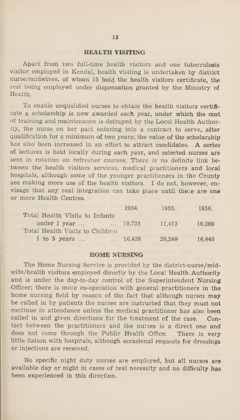 HEALTH VISITING Apart from two full-time health visitors and one tuberculosis visitor employed in Kendal, health visiting is undertaken by district nurse/midwives, of whom 15 hold the health visitors certificate, the rest being employed under dispensation granted by the Ministry of Health. To enable unqualified nurses to obtain the health visitors certifi¬ cate a scholarship is now awarded each year, under which the cost of training and maintenance is defrayed by the Local Health Author¬ ity, the nurse on her part entering into a contract to serve, after qualification for a minimum of two years; the value of the scholarship has also been increased in an effort to attract candidates. A series of lectures is held locally during each year, and selected nurses are sent in rotation on refresher courses. There is no1 definite link be¬ tween the health visitors services, medical practitioners and local hospitals, although some of the younger practitioners in the County are making more use of the health visitors. I do not, however, en¬ visage that any real integration can take place until there are one or more Health Centres. Total Health Visits to Infants 1954. 1955. 1956. under 1 year ... Total Health Visits to* Children 10,725 11,413 10,399 1 to 5 years ... 16,438 20,240 16,440 HOME NURSING The Home Nursing Service is provided by the district-nurse/mid- wife/health visitors employed directly by the Local Health Authority and is under the day-to-day control of the Superintendent Nursing Officer; there is more co-operation with general practitioners in the home nursing field by reason of the fact that although nurses may be called in by patients the nurses are instructed that they must not continue in attendance unless the medical practitioner has also been called in and given directions for the treatment of the case. Con¬ tact between the practitioners and the nurses is a direct one and does not come through the Public Health Office. There is very little liaison with hospitals, although occasional requests for dressings or injections are received. No specific night duty nurses are employed, but all nurses are available day or night in cases of real necessity and no difficulty has been experienced in this direction.