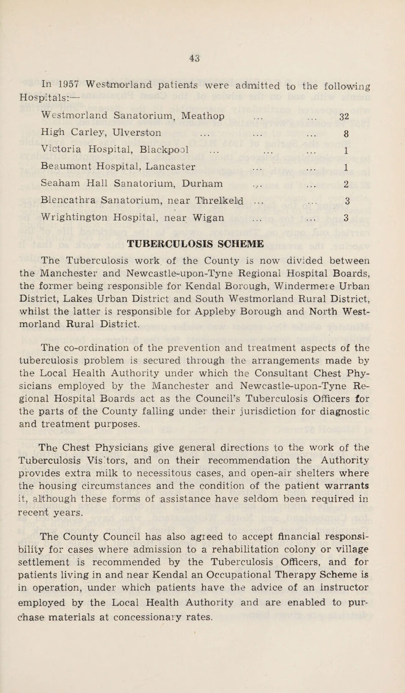 In 1957 Westmorland patients were admitted to the following Hospitals:— Westmorland Sanatorium, Meathop ... ... 32 High Carley, Ulverston ... ... ... 8 Victoria Hospital, Blackpool ... ... ... 1 Beaumont Hospital, Lancaster ... ... 1 Seaham Hall Sanatorium, Durham ... ... 2 Blencathra Sanatorium, near Threlkeld ••• ... 3 Wrightington Hospital, near Wigan ... ... 3 TUBERCULOSIS SCHEME The Tuberculosis work of the County is now divided between the Manchester and Newcastle-upon-Tyne Regional Hospital Boards, the former being responsible for Kendal Borough, Windermere Urban District, Lakes Urban District and South Westmorland Rural District, whilst the latter is responsible for Appleby Borough and North West¬ morland Rural District. The co-ordination of the prevention and treatment aspects of the tuberculosis problem is secured through the arrangements made by the Local Health Authority under which the Consultant Chest Phy¬ sicians employed by the Manchester and Newcastle-upon-Tyne Re¬ gional Hospital Boards act as the Council’s Tuberculosis Officers for the parts of the County falling under their jurisdiction for diagnostic and treatment purposes. The Chest Physicians give general directions to the work of the Tuberculosis Vis tors, and on their recommendation the Authority provides extra milk to necessitous cases, and open-air shelters where the housing circumstances and the condition of the patient warrants it, although these forms of assistance have seldom been, required in recent years. The County Council has also agreed to accept financial responsi¬ bility for cases where admission to a rehabilitation colony or village settlement is recommended by the Tuberculosis Officers, and for patients living in and near Kendal an Occupational Therapy Scheme is in operation, under which patients have the advice of an instructor employed by the Local Health Authority and are enabled to pur¬ chase materials at concessionary rates.