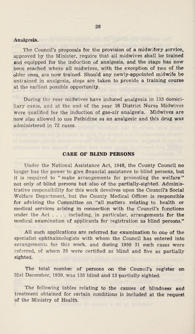 Analgresia. The Councirs proposals for the provision of a midwifery service, approved by the Minister, require that all midwives shall be trained and equipped for the induction of analgesia, and the stage has now been reached where all midwives, with the exception of two of the older ones, are now trained. Should any newdy-appointed midwife be untrained in analgesia, steps are taken to provide a training course at the earliest possible opportunity. During the year mid!wlves have induced analgesia in 133 domiici- liary cases, and at the end of the year 38 Distriot Nurse Mddwives were qualified for the indiuction of gas^air (analgesia. Midwives are now also allowed to use Pethidine as an analgesic and this drug was administered in 72 cases. CARE OF BLIND PERSONS Under the National Assistance Act, 1948, the County Council no longer has the power to give financial assistance to blind persons, but it is required to “ make arrangements for promoting the welfare ” not only of blind persons but also of the partially-sighted. Adminis¬ trative responsibility for this work devolves upon the Council’s Social Welfare Department, but the County Medical Officer is responsible for advising the Committee on “all matters relating to health or medical services arising in connection with the Council’s functions under the Act .... including, in particular, arrangements for the medical examination of applicants for registration as blind persons.” All such applications are referred for examination to one of the specialist ophthalmologists with whom the Council has entered into arrangements for this wobk, and during 1959 31 such cases were referred, of whom 26 were certified as blind and five as partially sighted. The total number of persons on the Council’s register on 31st December, 1959, was 135 blind and 13 partially sighted. The following tables relating to the causes of blindness and treatment obtained for certain conditions is included at the request of the Ministry of Health.