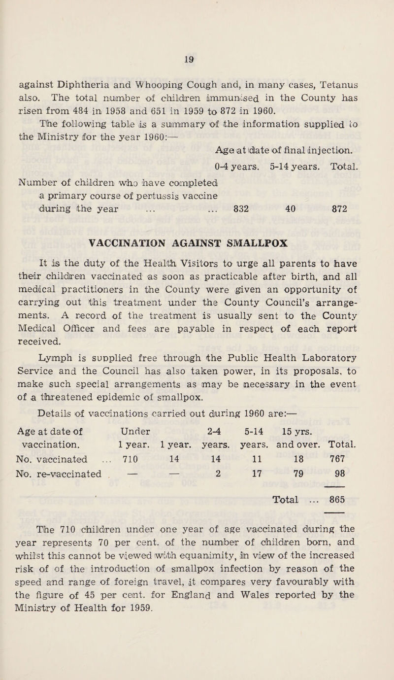 against Diphtheria and Whooping Cough and, in many cases, Tetanus also. The total number of children immunised in the County has risen from 484 in 1958 and 651 in 1959 to 872 in 1960. Tlhe following table is a summary of the information supplied to the Ministry for the year 1960:— Age at date of final injection. 0-4 years. 5-14 years. Total. Number of children who have completed a primary course of pertussis vaccine during the year ... ... 832 40 872 VACCINATION AGAINST SMALLPOX It is the duty of the Health Visitors to urge all parents to have their children vaccinated as soon as practicable after birth, and all medical practitioners in the County were given an opportunity of carrying out this treatment under the County Council's arrange¬ ments. A record of the treatment is usually sent to the County Medical Officer and fees are payable in respect of each report received. Lymph is supplied free through the Public Health Laboratory Service and the Council has also taken power, in its proposals, to make such special arrangements as may be necessary in the event of a threatened epidemic of smallpox. Details of vaccinations carried out during 1960 are:— Age at date of Under 2-4 5-14 15 yrs. vaccination. 1 year. 1 year. years. years. and over. Total. No. vaccinated 710 14 14 11 18 767 No. re-vaccinated — — 2 17 79 98 Total ... 865 The 710 children under one year of age vaccinated during the year represents 70 per cent, of the number of children born, and whilst this cannot be viewed with equanimity, iln view of the increased risk of of the introduction of smallpox infection by reason of the speed and range of foreign travel, it compares very favourably with the figure of 45 per cent, for England and Wales reported by the Ministry of Health for 1959.