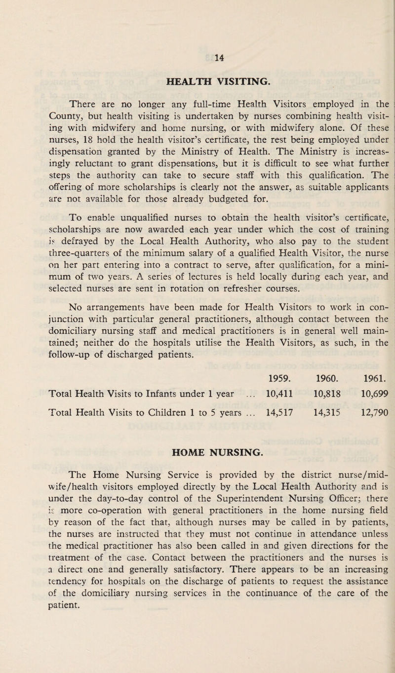 HEALTH VISITING. There are no longer any full-time Health Visitors employed in the County, but health visiting is undertaken by nurses combining health visit¬ ing with midwifery and home nursing, or with midwifery alone. Of these nurses, 18 hold the health visitor’s certificate, the rest being employed under dispensation granted by the Ministry of Health. The Ministry is increas¬ ingly reluctant to grant dispensations, but it is difficult to see what further steps the authority can take to secure staff with this qualification. The offering of more scholarships is clearly not the answer, as suitable applicants are not available for those already budgeted for. To enable unqualified nurses to obtain the health visitor’s certificate, scholarships are now awarded each year under which the cost of training is defrayed by the Local Health Authority, who also pay to the student three-quarters of the minimum salary of a qualified Health Visitor, the nurse on her part entering into a contract to serve, after qualification, for a mini¬ mum of tv/o years. A series of lectures is held locally during each year, and selected nurses are sent in rotation on refresher courses. No arrangements have been made for Health Visitors to work in con¬ junction with particular general practitioners, although contact between the domiciliary nursing staff and medical practitioners is in general well main¬ tained; neither do the hospitals utilise the Health Visitors, as such, in the follow-up of discharged patients. 1959. 1960. 1961. Total Health Visits to Infants under 1 year . 10,411 10,818 10,699 Total Health Visits to Children 1 to 5 years .. . 14,517 14,315 12,790 HOME NURSING. The Home Nursing Service is provided by the district nurse/mid¬ wife/health visitors employed directly by the Local Health Authority and is under the day-to-day control of the Superintendent Nursing Officer; there k more co-operation with general practitioners in the home nursing field by reason of the fact that, although nurses may be called in by patients, the nurses are instructed that they must not continue in attendance unless the medical practitioner has also been called in and given directions for the treatment of the case. Contact between the practitioners and the nurses is a direct one and generally satisfactory. There appears to be an increasing tendency for hospitals on the discharge of patients to request the assistance of the domiciliary nursing services in the continuance of the care of the patient.