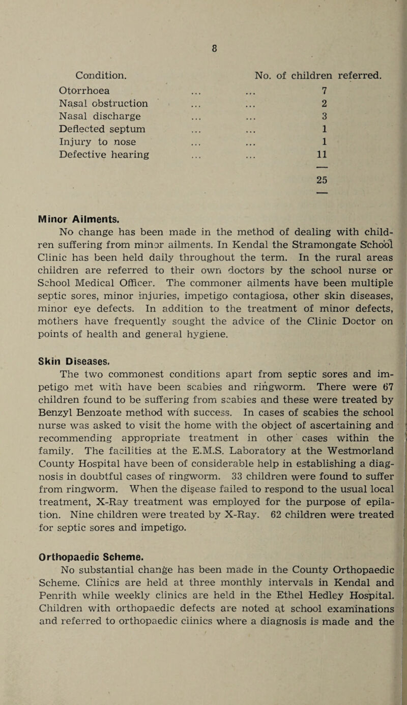 Condition. Otorrhoea Nasal obstruction Nasal discharge Deflected septum Injury to nose Defective hearing No. of children referred. 7 2 3 1 1 11 25 Minor Ailments. No change has been made in the method of dealing with child¬ ren suffering from minor ailments. In Kendal the Stramongate School Clinic has been held daily throughout the term. In the rural areas children are referred to their own doctors by the school nurse or School Medical Officer. The commoner ailments have been multiple septic sores, minor injuries, impetigo contagiosa, other skin diseases, minor eye defects. In addition to the treatment of minor defects, mothers have frequently sought the advice of the Clinic Doctor on points of health and general hygiene. Skin Diseases, The two commonest conditions apart from septic sores and im¬ petigo met with have been scabies and ringworm. There were 67 children found to be suffering from scabies and these were treated by Benzyl Benzoate method with success. In cases of scabies the school nurse was asked to visit the home with the object of ascertaining and recommending appropriate treatment in other cases within the family. The facilities at the E.M.S. Laboratory at the Westmorland County Hospital have been of considerable help in establishing a diag¬ nosis in doubtful cases of ringworm. 33 children were found to suffer from ringworm. When the di§ease failed to respond to the usual local treatment, X-Ray treatment was employed for the purpose of epila¬ tion. Nine children were treated by X-Ray. 62 children were treated for septic sores and impetigo. Orthopaedic Scheme. No substantial change has been made in the County Orthopaedic Scheme. Clinics are held at three monthly intervals in Kendal and Penrith while weekly clinics are held in the Ethel Hedley Hospital. Children with orthopaedic defects are noted at school examinations and referred to orthopaedic clinics where a diagnosis is made and the