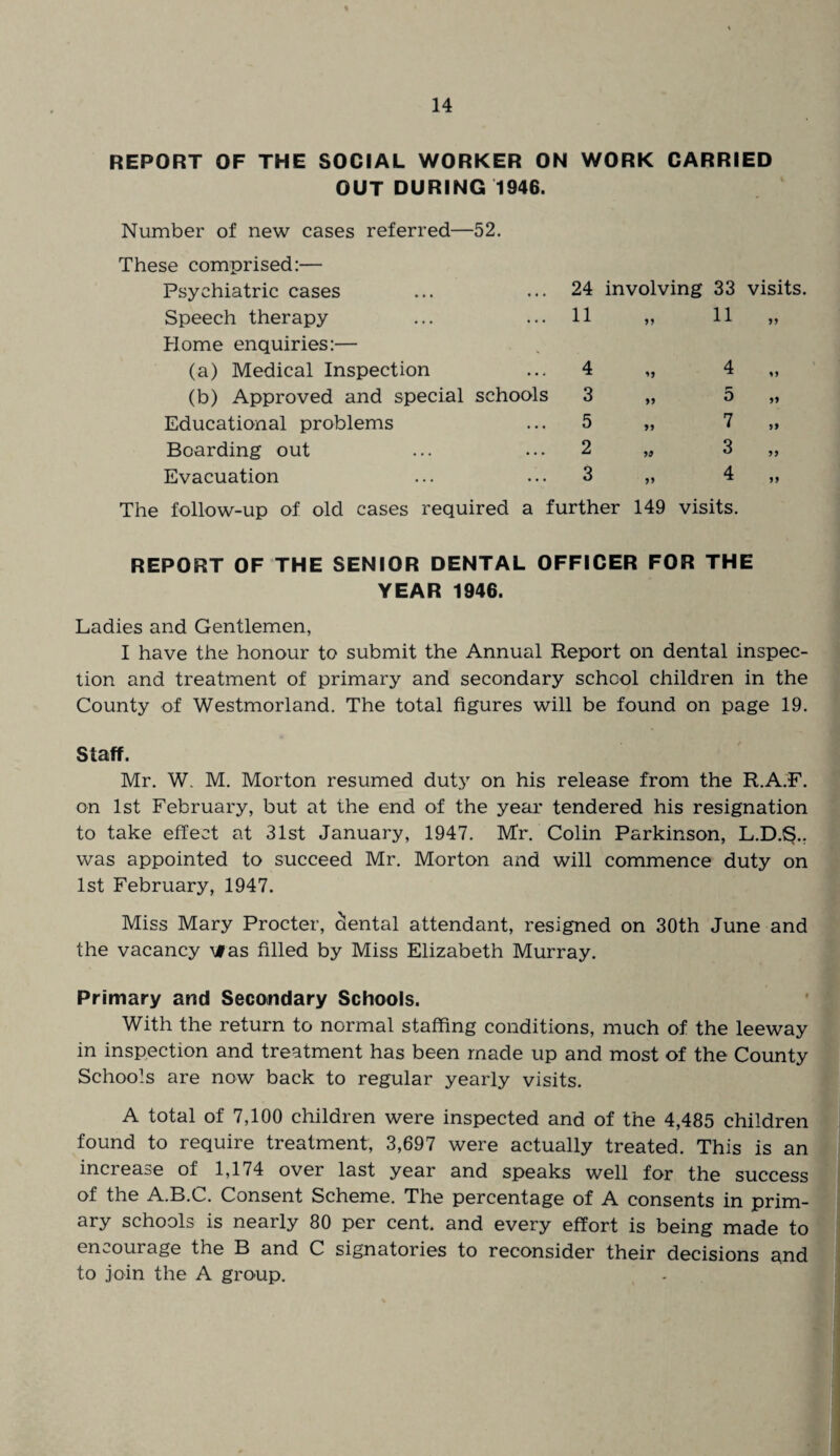 REPORT OF THE SOCIAL WORKER ON WORK CARRIED OUT DURING 1946. Number of new cases referred—52. These comprised:— Psychiatric cases Speech therapy Home enquiries:— (a) Medical Inspection (b) Approved and special Educational problems Boarding out Evacuation ... 24 involving 33 visits. ... 11 n 11 11 ... 4 H 4 *1 schools 3 11 5 11 ... 5 11 7 11 2 19 3 11 ... 3 11 4 11 The follow-up of old cases required a further 149 visits. REPORT OF THE SENIOR DENTAL OFFICER FOR THE YEAR 1946. Ladies and Gentlemen, I have the honour to submit the Annual Report on dental inspec¬ tion and treatment of primary and secondary school children in the County of Westmorland. The total figures will be found on page 19. Staff. Mr. W. M. Morton resumed dut3r on his release from the R.A.F. on 1st February, but at the end of the year tendered his resignation to take effect at 31st January, 1947. Mr. Colin Parkinson, L.D.§., was appointed to succeed Mr. Morton and will commence duty on 1st February, 1947. Miss Mary Procter, Cental attendant, resigned on 30th June and the vacancy Mas filled by Miss Elizabeth Murray. Primary and Secondary Schools. With the return to normal staffing conditions, much of the leeway in inspection and treatment has been made up and most of the County Schools are now back to regular yearly visits. A total of 7,100 children were inspected and of the 4,485 children found to require treatment, 3,697 were actually treated. This is an increase of 1,174 over last year and speaks well for the success of the A.B.C. Consent Scheme. The percentage of A consents in prim¬ ary schools is nearly 80 per cent, and every effort is being made to encourage the B and C signatories to reconsider their decisions and to join the A group.