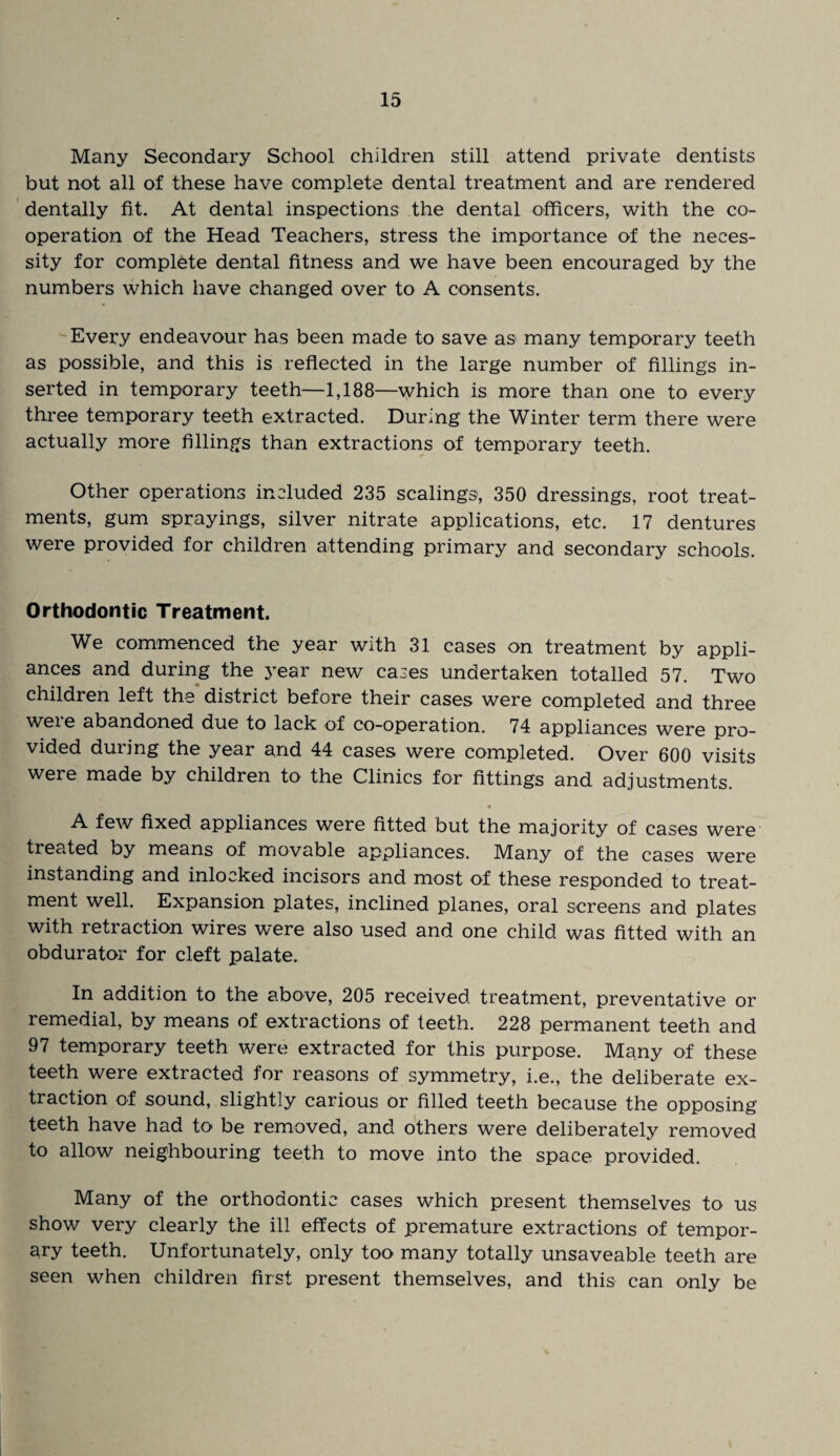Many Secondary School children still attend private dentists but not all of these have complete dental treatment and are rendered dentally fit. At dental inspections the dental officers, with the co- operation of the Head Teachers, stress the importance of the neces¬ sity for complete dental fitness and we have been encouraged by the numbers which have changed over to A consents. Every endeavour has been made to save as many temporary teeth as possible, and this is reflected in the large number of fillings in¬ serted in temporary teeth—1,188—which is more than one to every three temporary teeth extracted. During the Winter term there were actually more fillings than extractions of temporary teeth. Other operations included 235 scalings, 350 dressings, root treat¬ ments, gum sprayings, silver nitrate applications, etc. 17 dentures were provided for children attending primary and secondary schools. Orthodontic Treatment. We commenced the year with 31 cases on treatment by appli¬ ances and during the year new cases undertaken totalled 57. Two children left the* district before their cases were completed and three weie abandoned due to lack of co-operation. 74 appliances were pro¬ vided during the year and 44 cases were completed. Over 600 visits were made by children to the Clinics for fittings and adjustments. « A few fixed appliances were fitted but the majority of cases were treated by means of movable appliances. Many of the cases were instanding and inlocked incisors and most of these responded to treat¬ ment well. Expansion plates, inclined planes, oral screens and plates with retraction wires were also used and one child was fitted with an obdurator for cleft palate. In addition to the above, 205 received treatment, preventative or remedial, by means of extractions of teeth. 228 permanent teeth and 97 temporary teeth were extracted for this purpose. Many of these teeth were extracted for reasons of symmetry, i.e., the deliberate ex¬ traction of sound, slightly carious or filled teeth because the opposing teeth have had to be removed, and others were deliberately removed to allow neighbouring teeth to move into the space provided. Many of the orthodontic cases which present themselves to us show very clearly the ill effects of premature extractions of tempor¬ ary teeth. Unfortunately, only too many totally unsaveable teeth are seen when children first present themselves, and this can only be