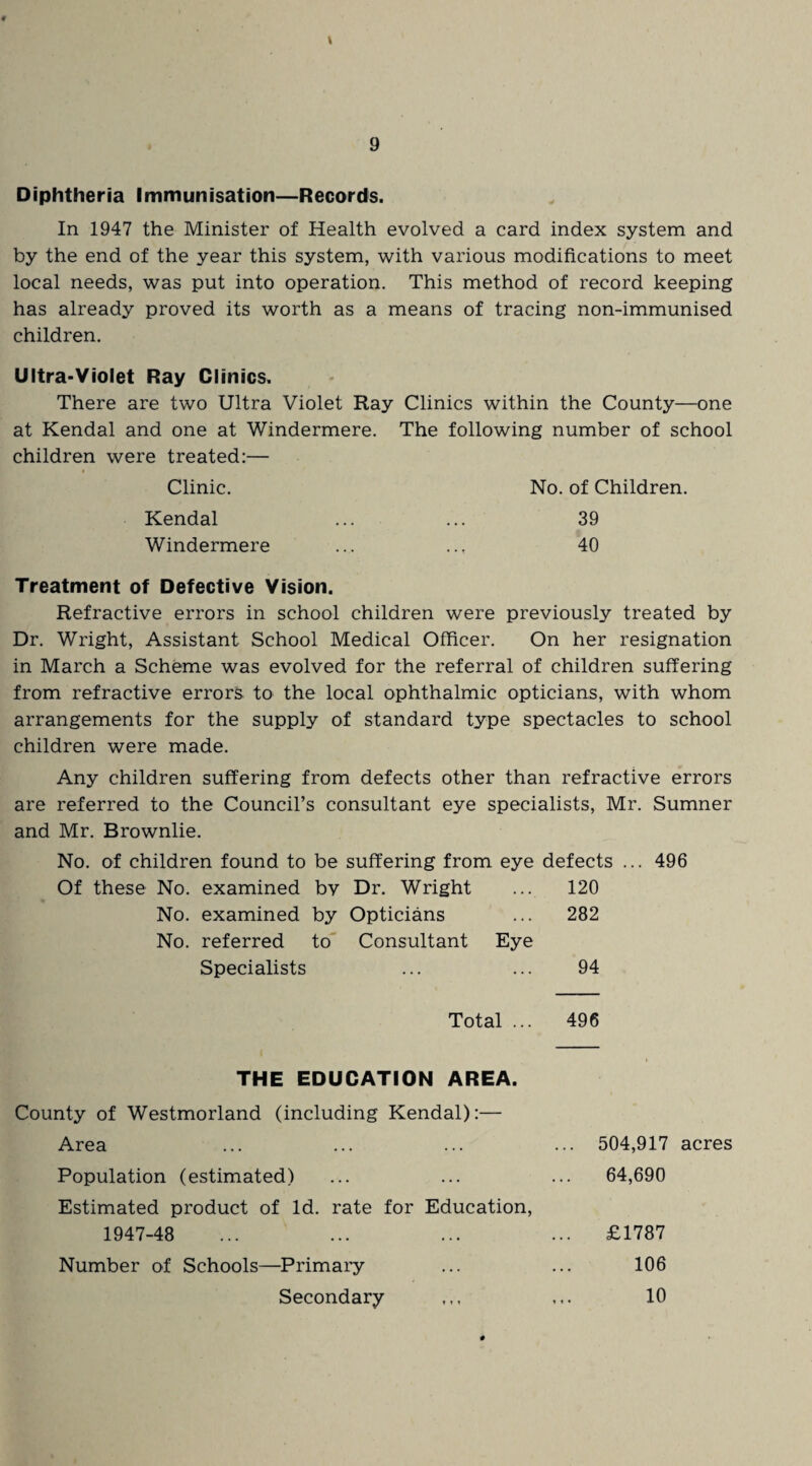 Diphtheria Immunisation—Records. In 1947 the Minister of Health evolved a card index system and by the end of the year this system, with various modifications to meet local needs, was put into operation. This method of record keeping has already proved its worth as a means of tracing non-immunised children. Ultra-Violet Ray Clinics. There are two Ultra Violet Ray Clinics within the County—one at Kendal and one at Windermere. The following number of school children were treated:— Clinic. No. of Children. Kendal 39 Windermere 40 Treatment of Defective Vision. Refractive errors in school children were previously treated by Dr. Wright, Assistant School Medical Officer. On her resignation in March a Scheme was evolved for the referral of children suffering from refractive errors, to the local ophthalmic opticians, with whom arrangements for the supply of standard type spectacles to school children were made. Any children suffering from defects other than refractive errors are referred to the Council’s consultant eye specialists, Mr. Sumner and Mr. Brownlie. No. of children found to be suffering from eye defects ... 496 Of these No. examined by Dr. Wright ... 120 No. examined by Opticians ... 282 No. referred to Consultant Eye Specialists ... ... 94 Total ... 496 THE EDUCATION AREA. County of Westmorland (including Kendal):— Area Population (estimated) Estimated product of Id. rate for Education, 1947-48 Number of Schools—Primary Secondary 504,917 acres 64,690 £1787 106 10