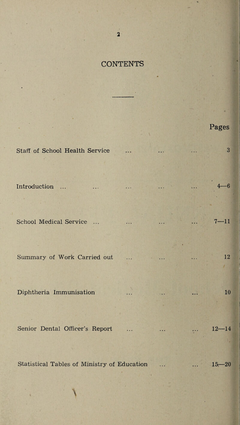 CONTENTS Staff of School Health Service Introduction School Medical Service Summary of Work Carried out Diphtheria Immunisation Senior Dental Officer’s Report Statistical Tables of Ministry of Education Pages 3 4—6 ' I 7—11